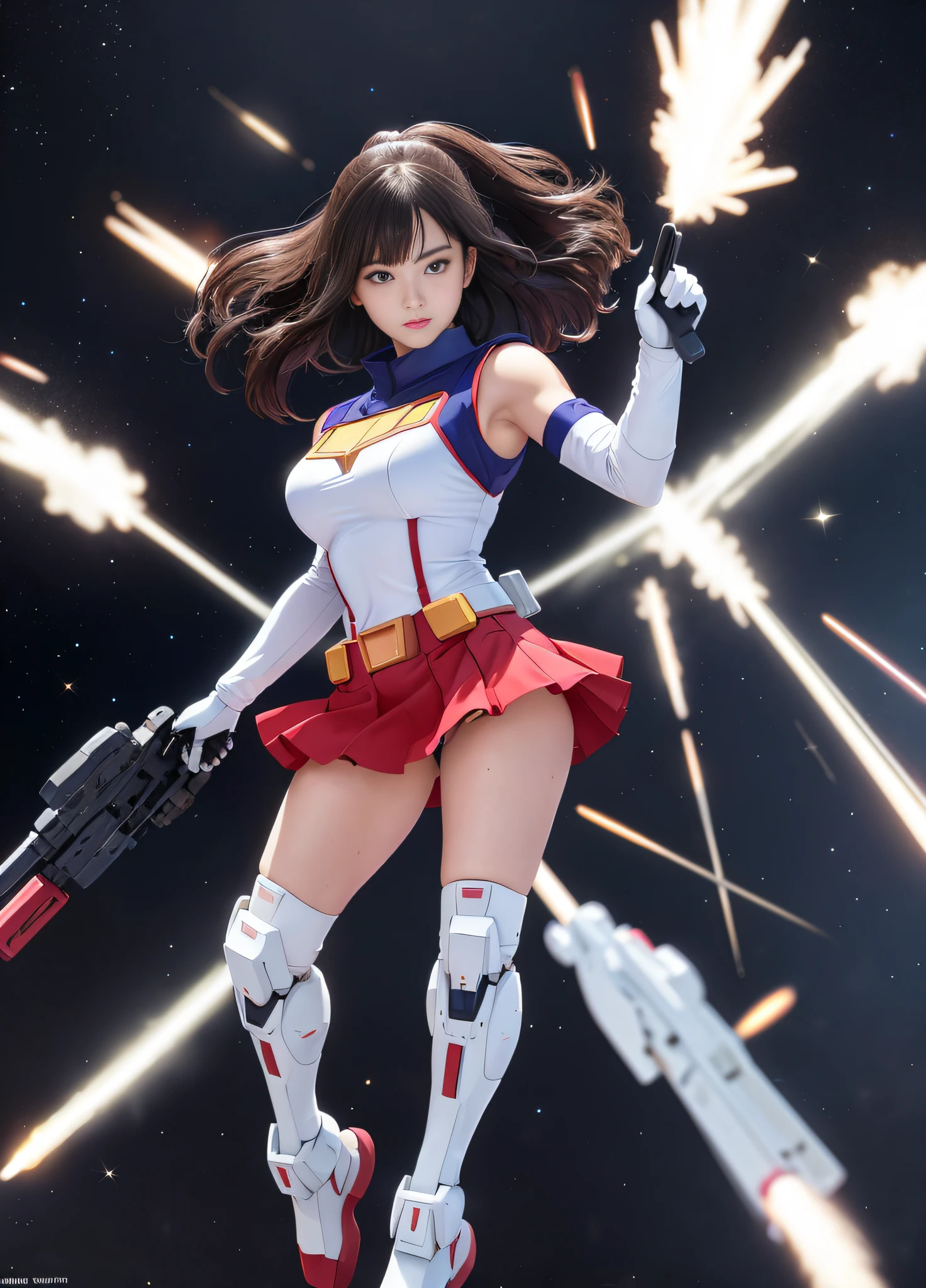 (top quality), (masterpiece), nsfw, personification of Mobile Suit Gundam F91, great highlights of upper body, powerful mech, beautiful girl with a beam rifle, 19 years old, baby face, beautiful eyes, modest nose, neatness, confident smile, medium hair, slightly drooping eyes, absolute area, moist wet and slightly thick thighs, full body, fighting pose, no , short skirt, open legs, outer space, scenes of fighting enemies,