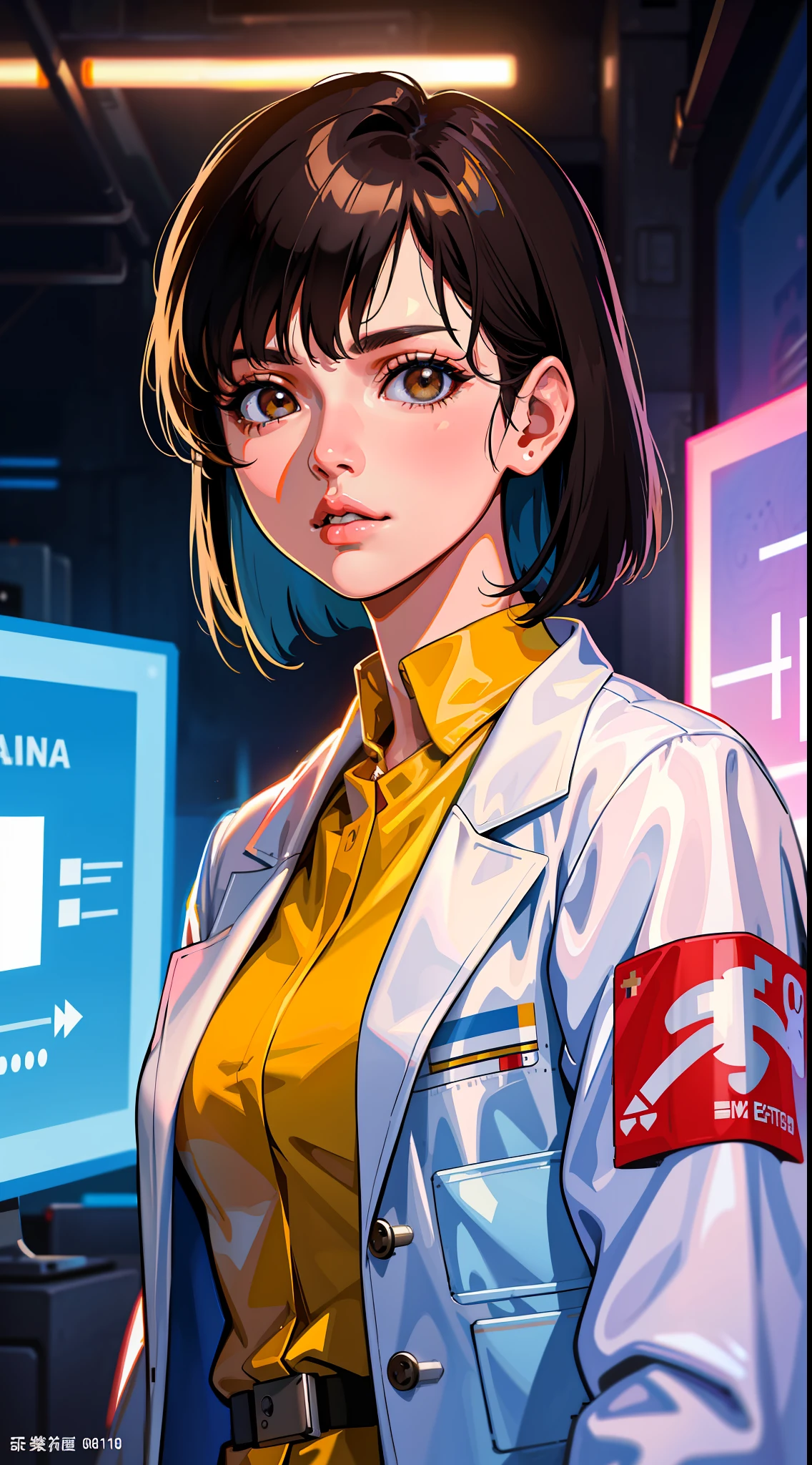 science fiction, medical uniform, lab coat, 1984 movie references, 80's, rebellious stories, 30 women, adults, brown eyes, Asian yellow skin, Bob's short black hair, dresses, medical uniform, 1980s inspiration, realistic face resolution, realistic, object resolution, lab coat, cyberpunk, lights, technology