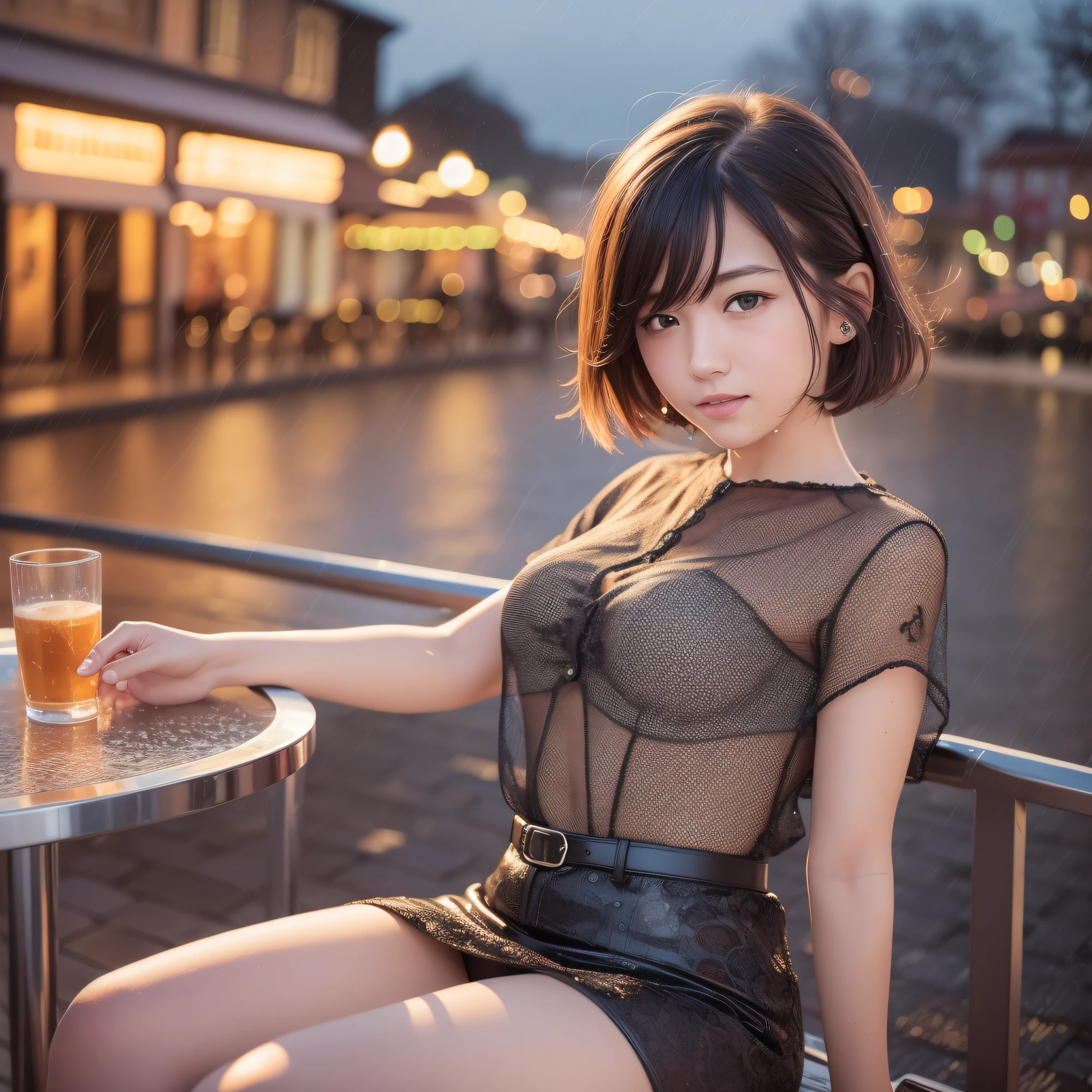 (8k, best quality, masterpiece:1.2), (realistic, photo-realistic:1.37), ultra-detailed, 1 girl, cute, solo, beautiful detailed sky, detailed cafe, night, sitting, dating, (nose blush), (smile:1.15), (closed mouth) small breasts, beautiful detailed eyes, (collared shirt:1.1), night, wet, business attire, rain, white lace, (short hair:1.2), floating hair NovaFrogStyle, topless,