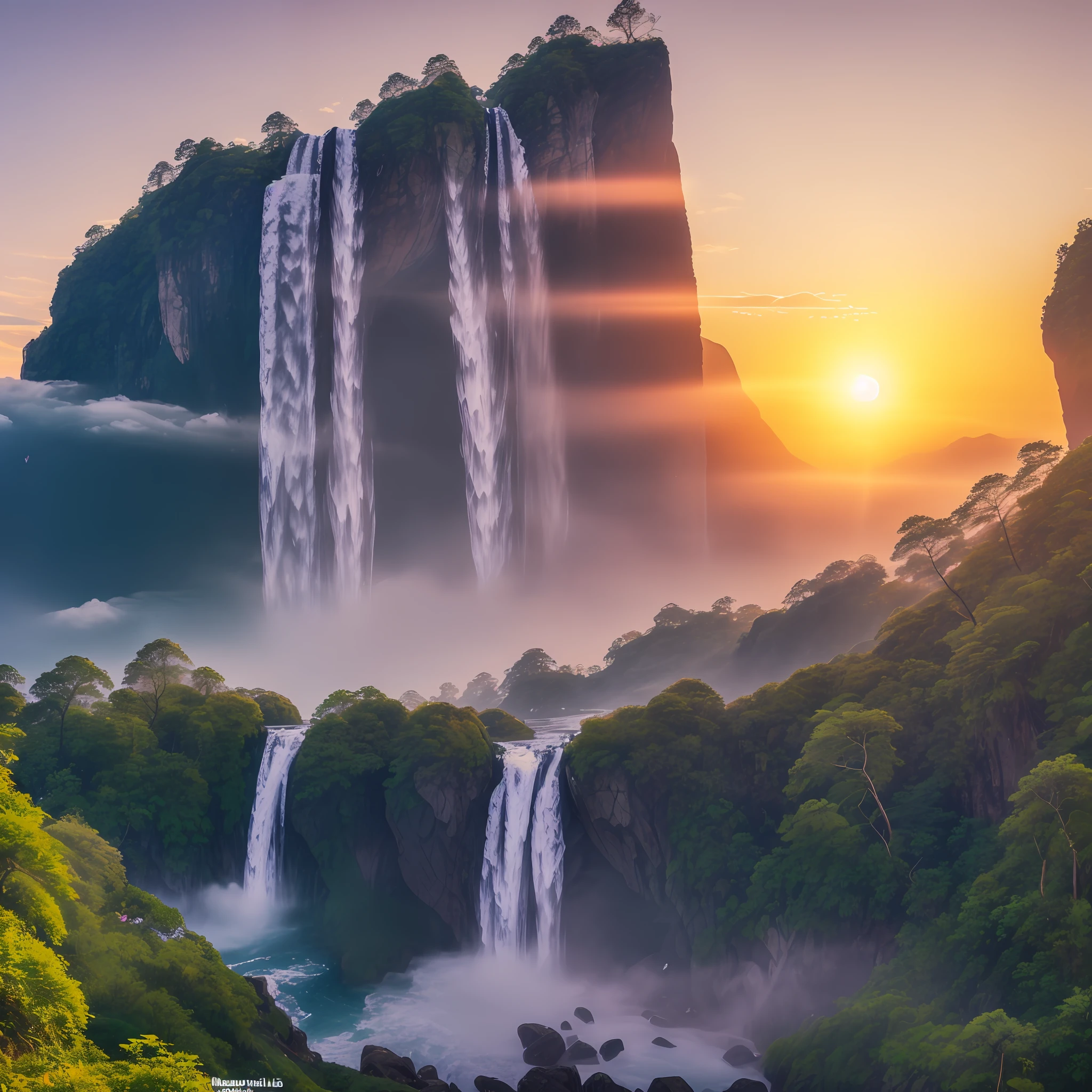 (8k, RAW photo, photorealistic:1.25) , on the mountain, see the waterfall, sunset, humanoid cloud, Verism, ray tracing, panorama, ultra wide angle, ultra hd, masterpiece, super detail, best quality, tyndall ray