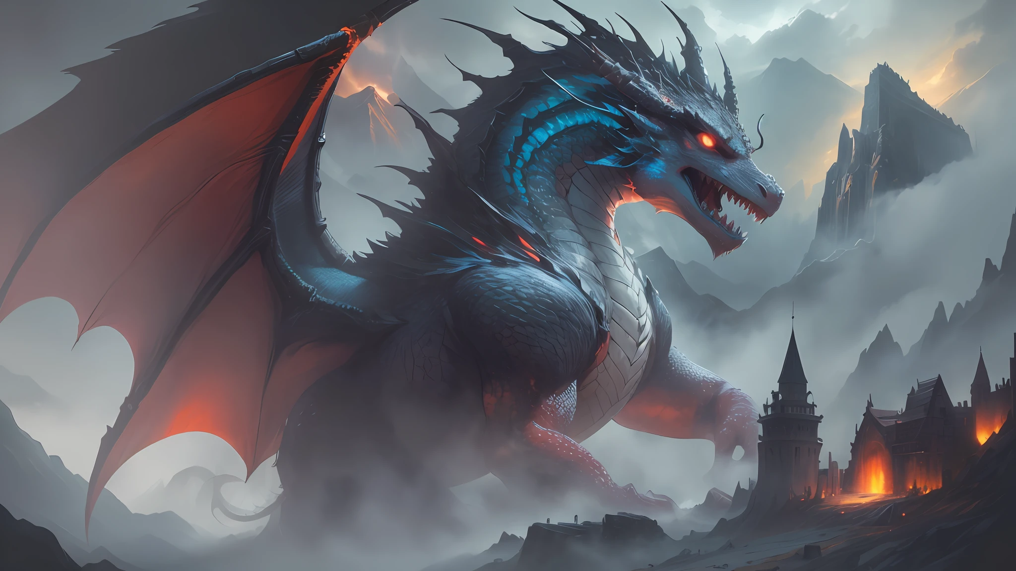 A captivating fantasy book cover: "Realm of Dragons: A Tale of Ancient Fire", showcasing a fierce dragon perched on a crumbling stone tower, surrounded by a vast mountainous landscape, misty valleys below, ominous storm clouds gathering in the sky, conveying a sense of danger and ancient power, Artwork, digital painting, --auto --s2