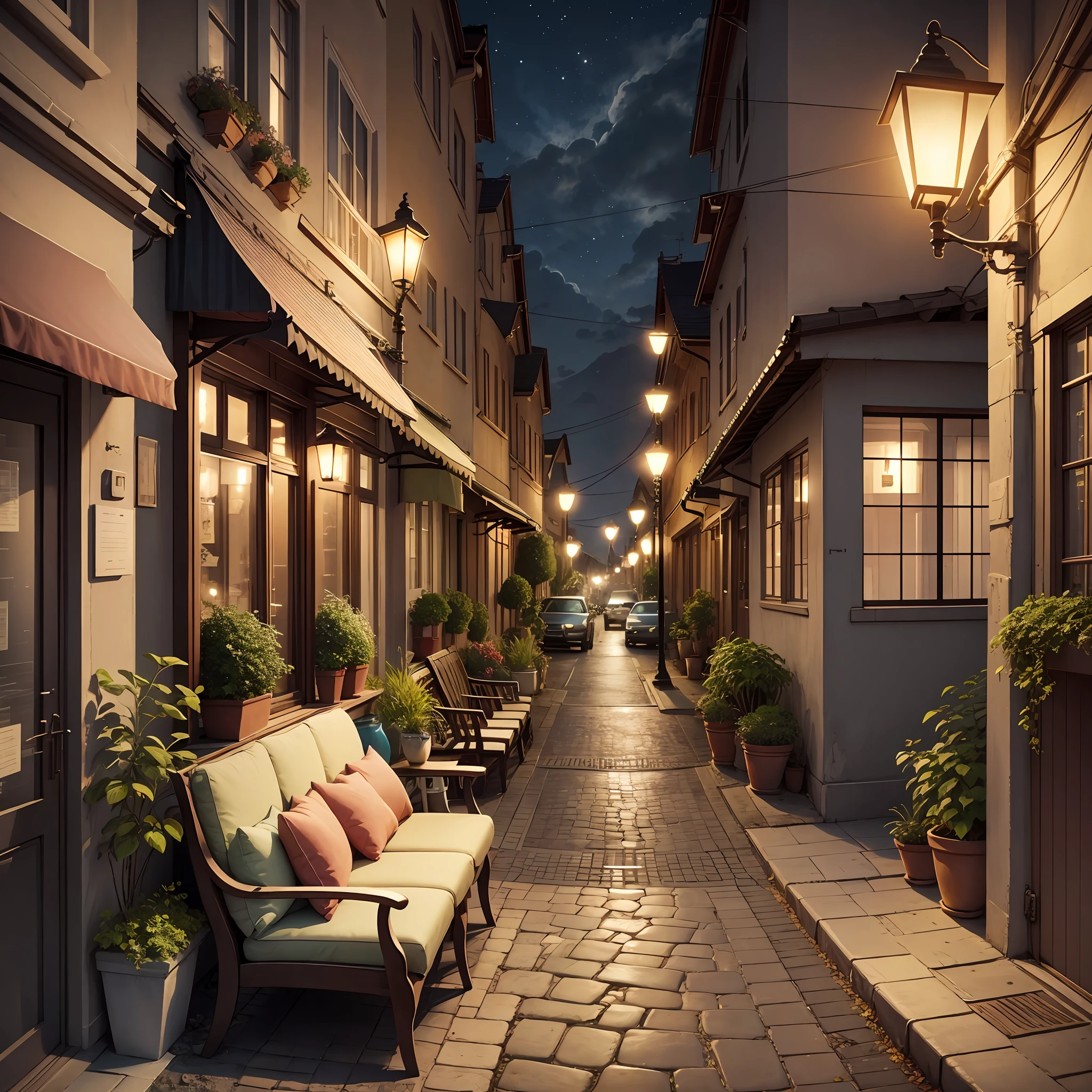 Outside the window, sofa, sitting cat, street lamp outside the window, dull scene, realistic, HD --auto --s2