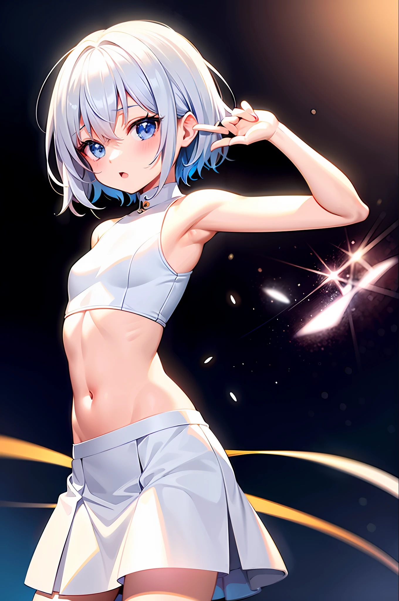 little cute anime girl in a short white skirt, sleeveless white top, cropped, flat stomach, small, diesel punk art