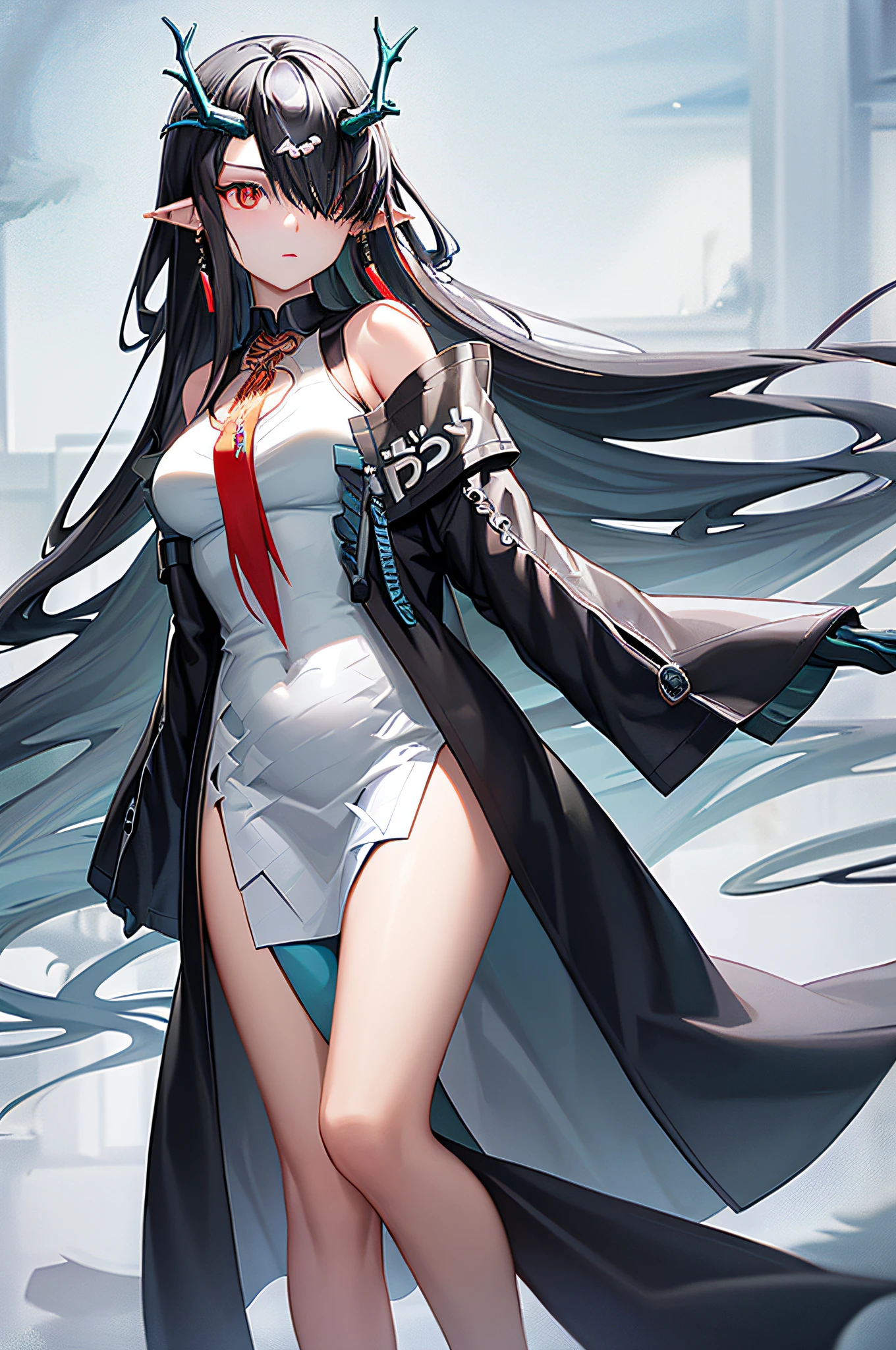 1girl, dusk \(arknights\), black hair, solo, long hair,white bare shoulders,jewelry, earrings, black jacket, (((eyes detail))),game cg, face detail,(((standing))), (dragon horns), red eyes, red necktie,(((face detail))),(((game cg))),