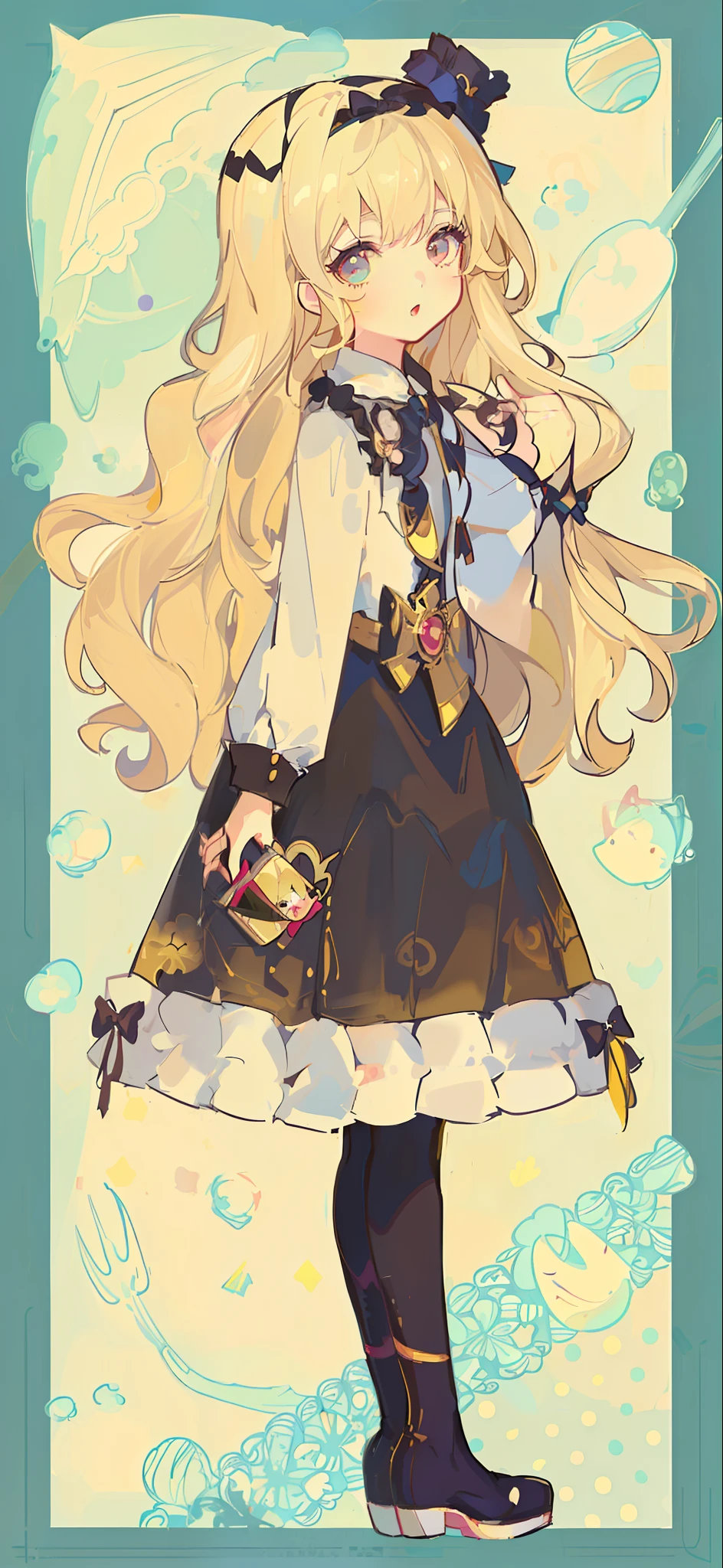 a cartoon girl with long hair and a hat and a dress, anime art nouveau, loli in dress, lolish, retro anime girl, small curvy loli, anime full body illustration, anime girl with long hair, loli, !!full body portrait!!, blonde anime girl with long hair, anime illustration, anime style illustration, lolita style