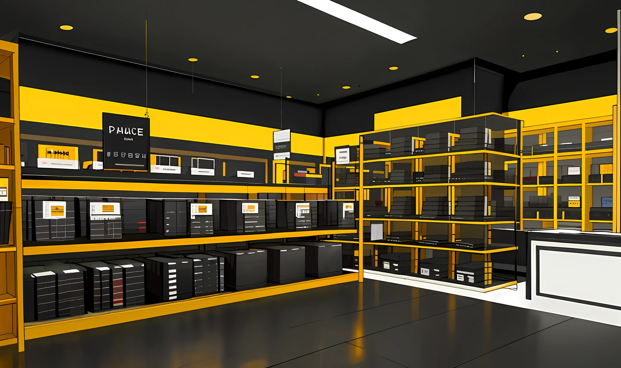 Interior of a store, black walls, yellow ceiling, black details, red shelves,