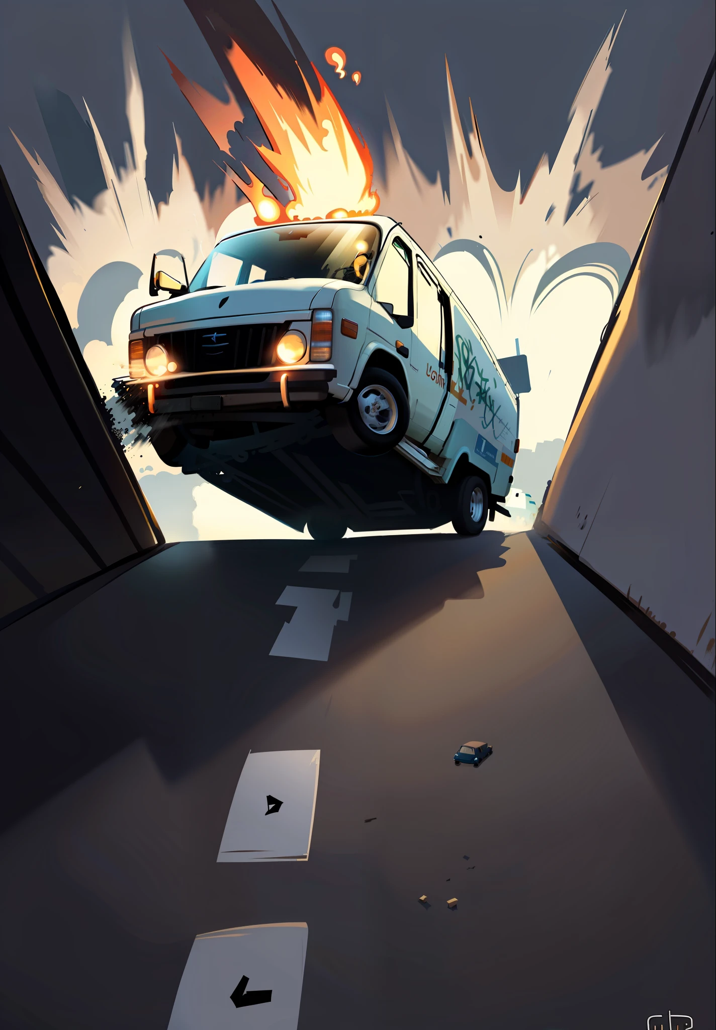 cartoon of a van on fire going down a road, rhads!!!, rhads!, very coherent stylized artwork, rhads and lois van baarle, by Craig Thompson, by Daniel Ljunggren, by Jason Benjamin, loish |, by Clément Serveau, animated still, by Trevor Brown, concept art | rhads