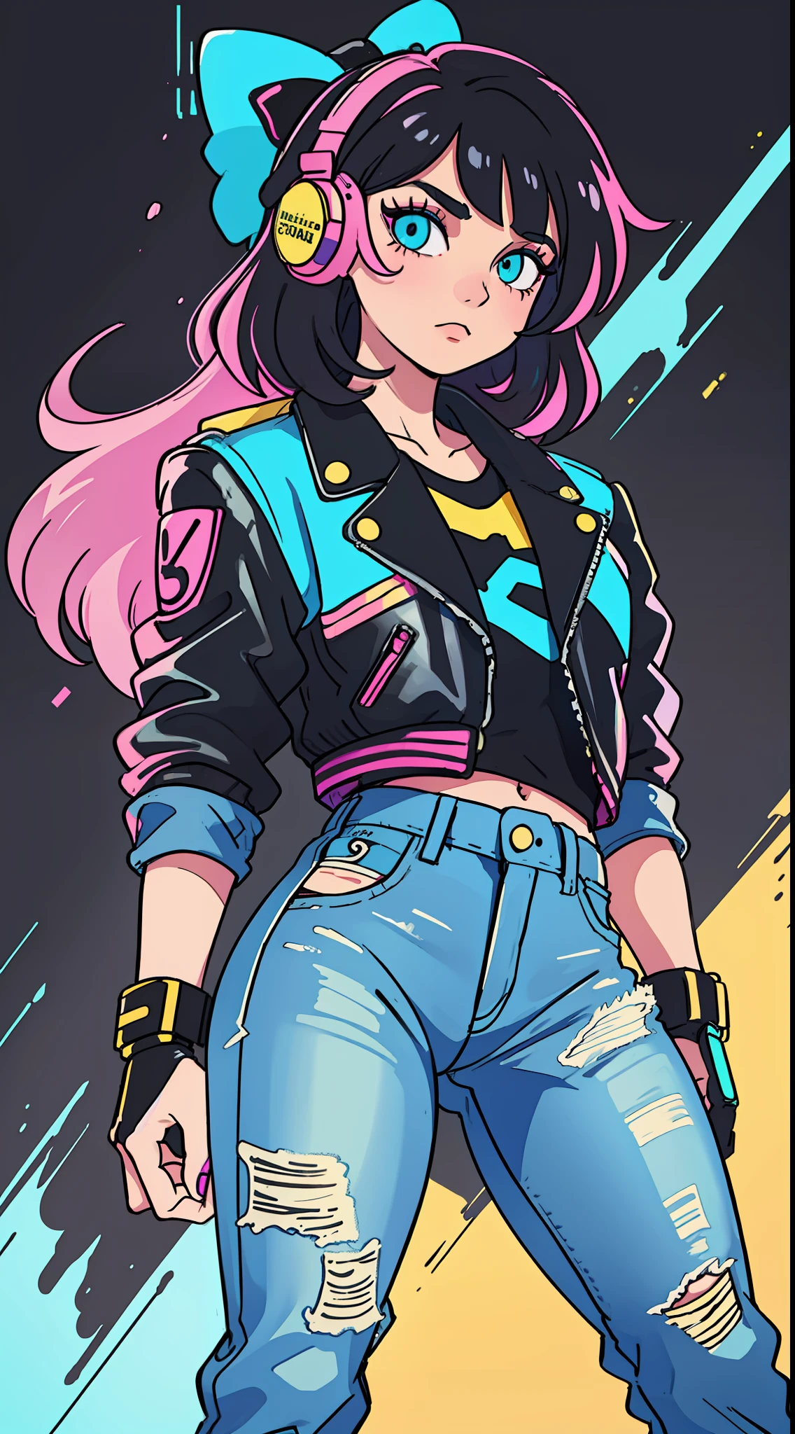 Girl, Solo:
Style: 80's
Quality: Bold
Quality: Animated
Painting: Colorful and striking eye shadow
Image Effect: A VHS effect filter, creating a retro aesthetic
Appearance: Wearing a black leather jacket with shoulder pads and tight jeans with acid wash
Composition: Voluminous hair with side bangs and colored bow, holding a walkman with headphones.