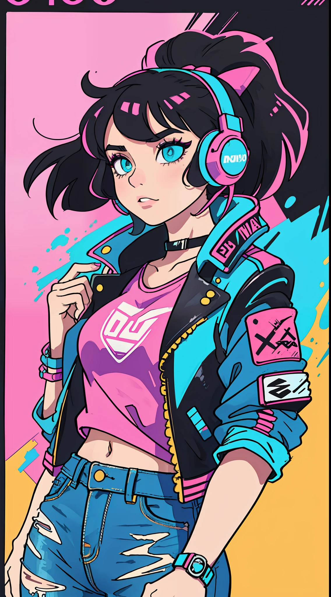 Girl, Solo:
Style: 80's
Quality: Bold
Quality: Animated
Painting: Colorful and striking eye shadow
Image Effect: A VHS effect filter, creating a retro aesthetic
Appearance: Wearing a black leather jacket with shoulder pads and tight jeans with acid wash
Composition: Voluminous hair with side bangs and colored bow, holding a walkman with headphones.