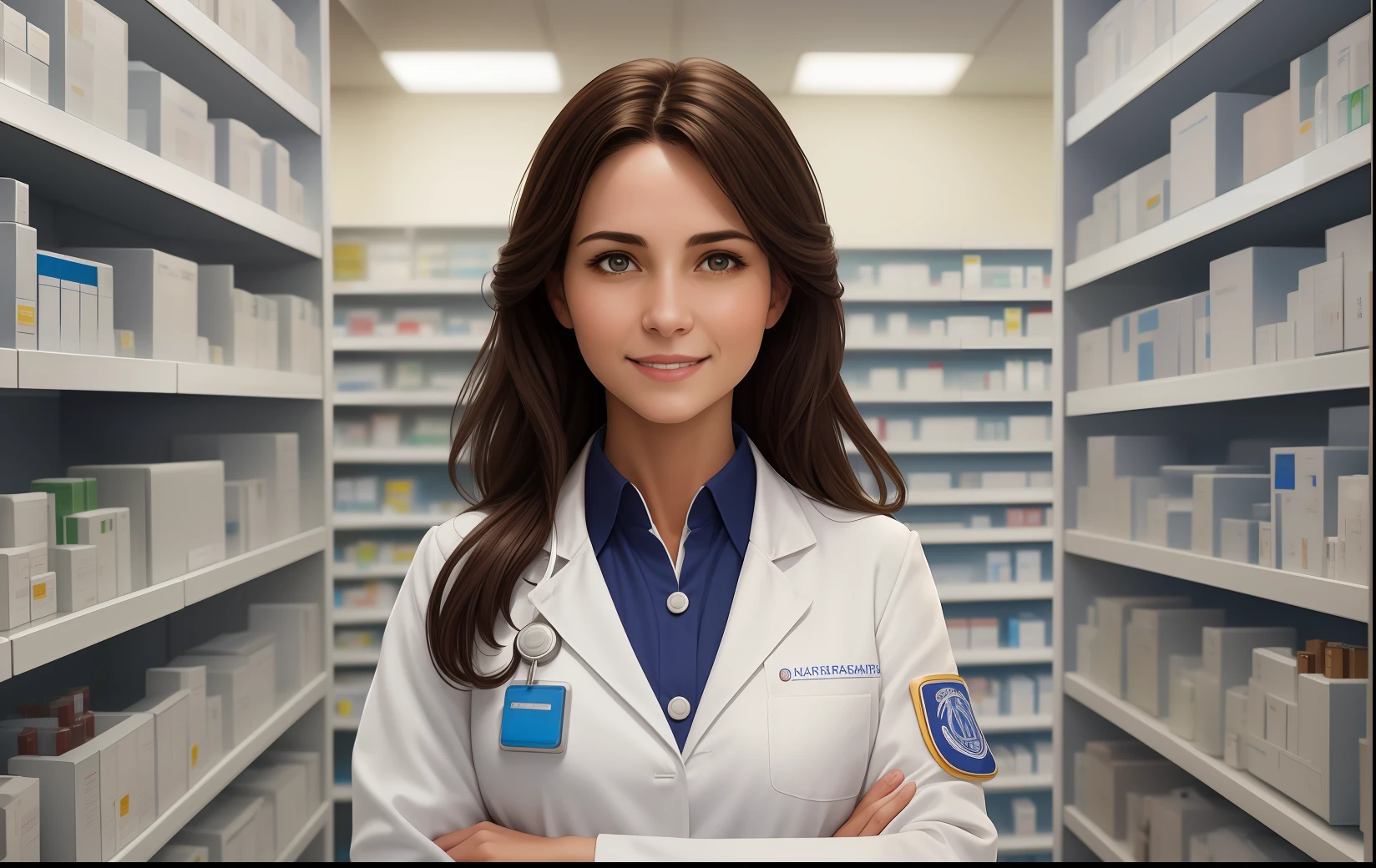 Portrait of a pharmacist, white coat, badge on the left breast, smile, warmth, caring, decaration of a modern pharmacy, clear focus, high detail, ambient lighting, studio photography, complex details, high detail, works by Greg Rutkowski and Steve McCurry