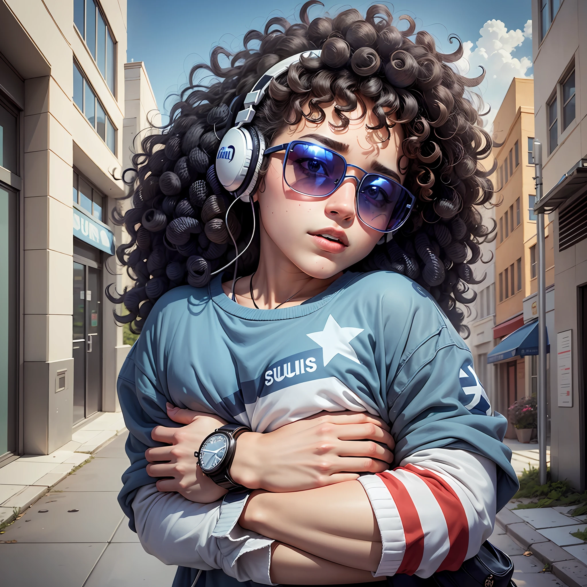 Mascot with curly hair, wearing navy blue and light gray clothes and holding a flag with the word "solidarity" written in white.
He has sunglasses and headphones on his neck.
It's giving a hug to a person.
The colors used are softer, such as light blue, light gray, and white, but with a little more shadows and depth to create a more realistic look. --auto --s2