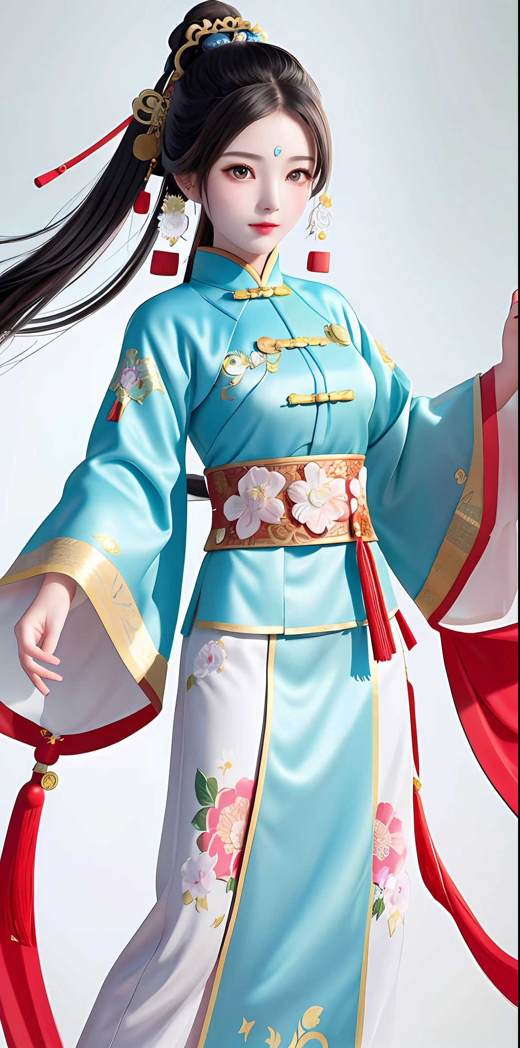 A girl, ancient Chinese costume, sunshine, clear face, clean white background, masterpiece, super detail, epic composition, ultra HD, high quality, extremely detailed, official art, uniform 8k wallpaper, super detail, 32k -- v 6