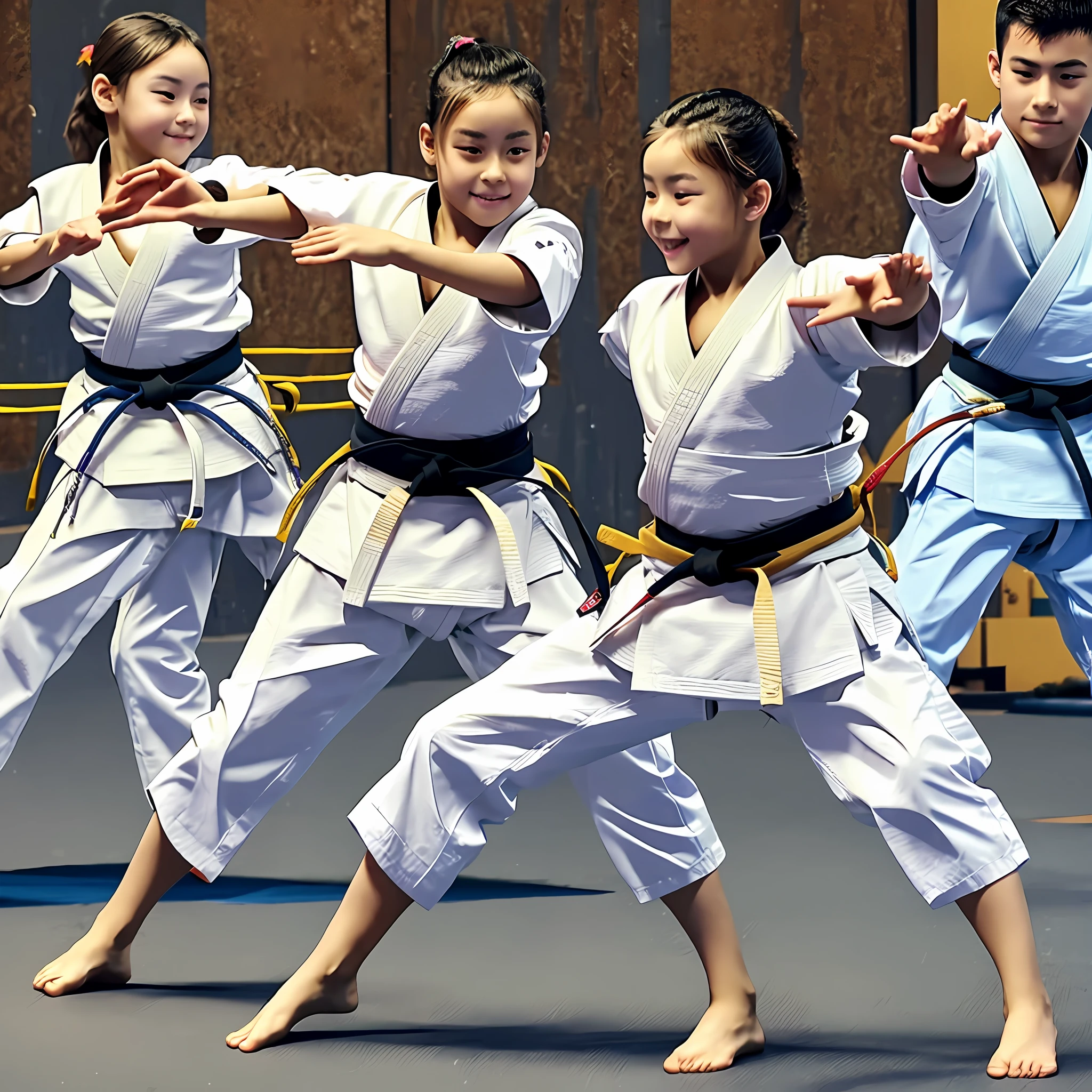 Beautiful group human children, doing martial arts, wearing with colorful bands at the waist, training Aikido, in a martial arts academy, having fun, happy, satisfied, realistic image, powerful,