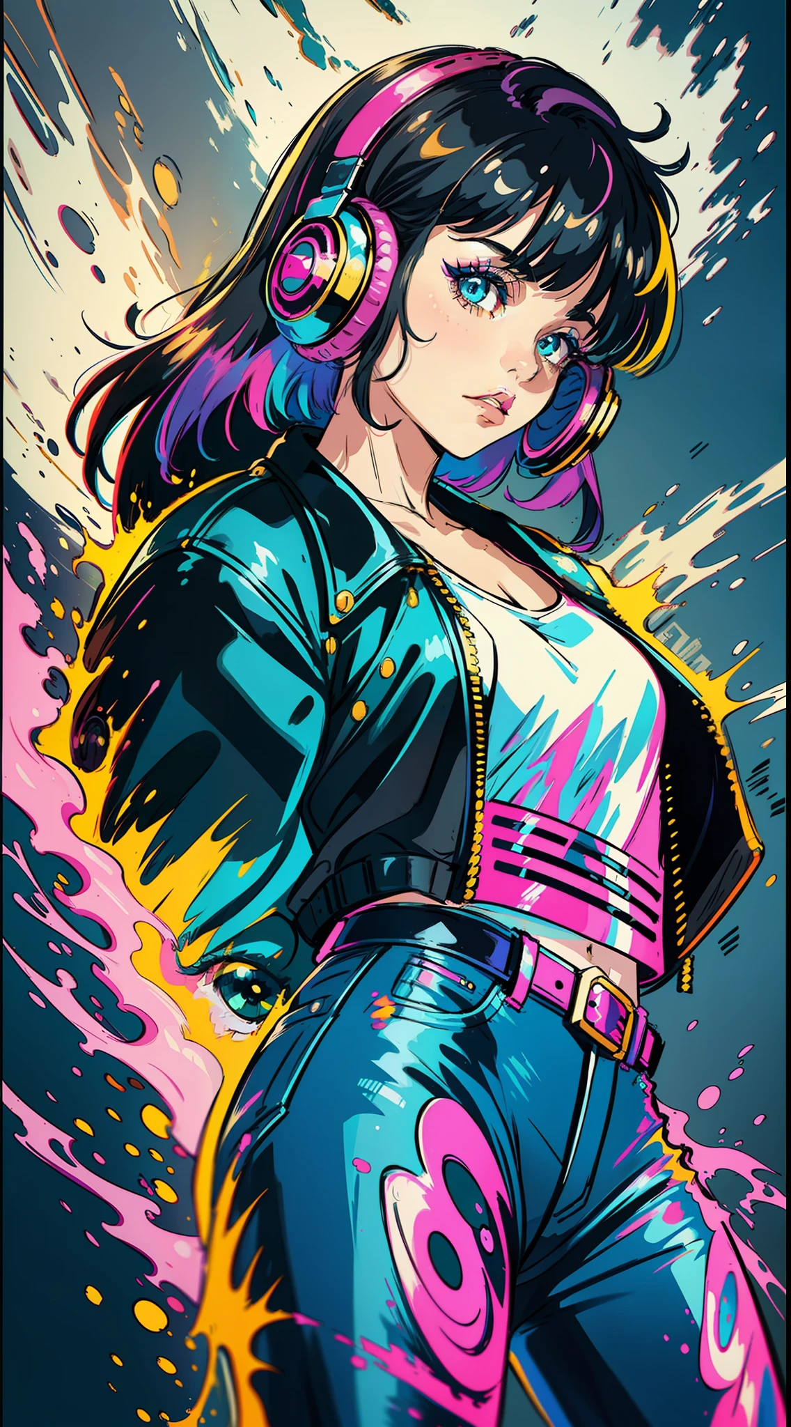 Girl, Solo:
Style: 80's
Quality: Bold
Quality: Animated
Painting: Colorful and striking eye shadow
Image Effect: A VHS effect filter, creating a retro aesthetic
Appearance: Wearing a black leather jacket with shoulder pads and tight jeans with acid wash
Composition: Voluminous hair with side bangs and colored bow, holding a walkman with headphones.
