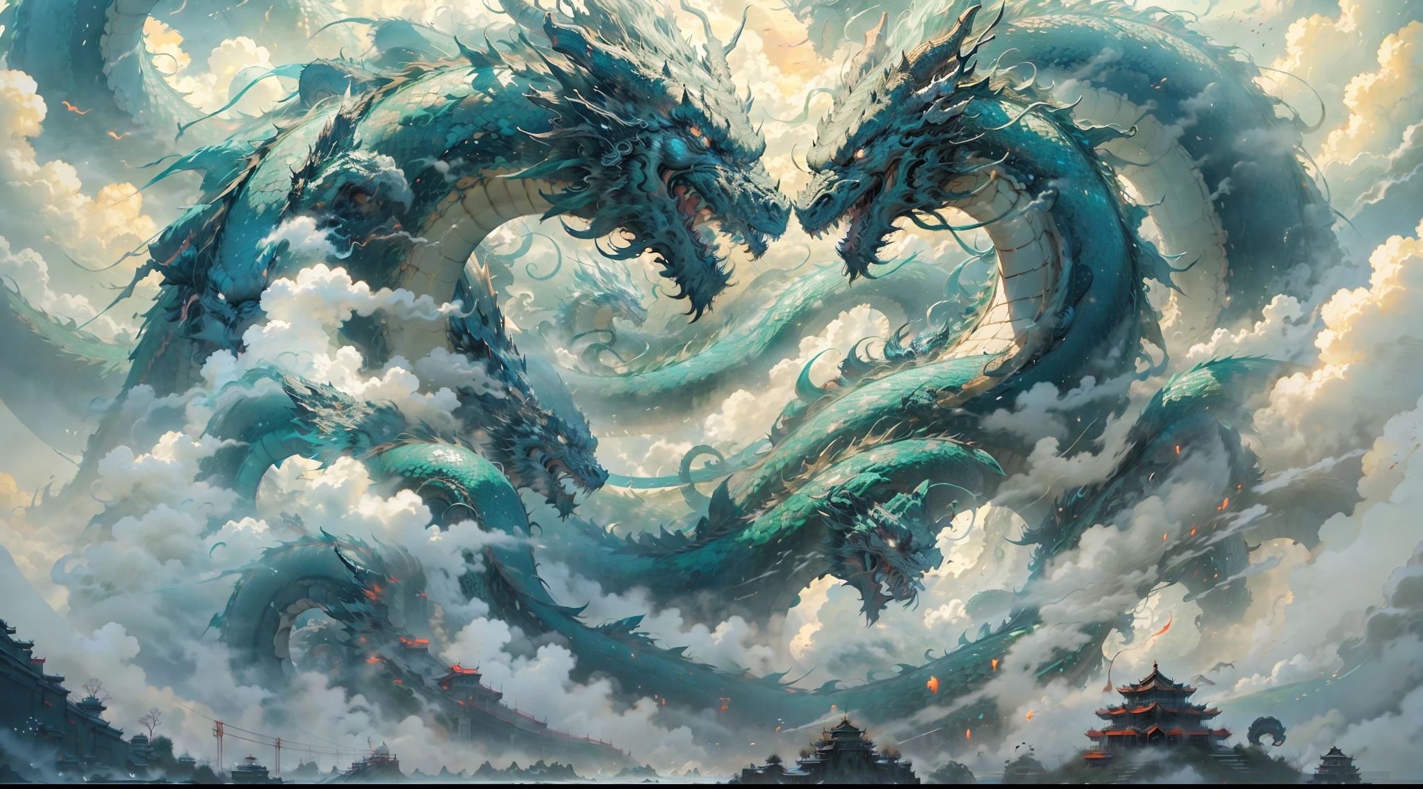 Two huge dragons like mountains devouring the sun and moon, black water surging, (waves rushing to the sky), Xian Shan Island, (pavilions), ((clouds and mist)), roaring, fierce, ((Chinese mythology)), high quality, super fine, detailed, accurate, (masterpiece), master work, (16k resolution), movie lighting, dynamic perspective