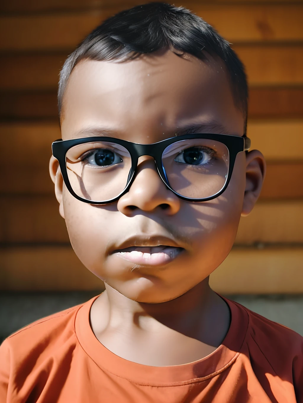 guttonerdreliberate1, 3-year-old boy wearing glasses, The portrait captures the subject with stunning detail and clarity, showing its unique features and expressions. The image has a high resolution and dynamic range, with a shallow depth of field that draws the viewer's attention to the subject's face. Lighting is skillfully used to create a sense of warmth and dimensionality by highlighting the subject's skin tones and textures. The composition is well balanced, with the subject positioned off-center and the background providing a subtle but meaningful context. Overall, the image is a true testament to the photographer's skill and artistry