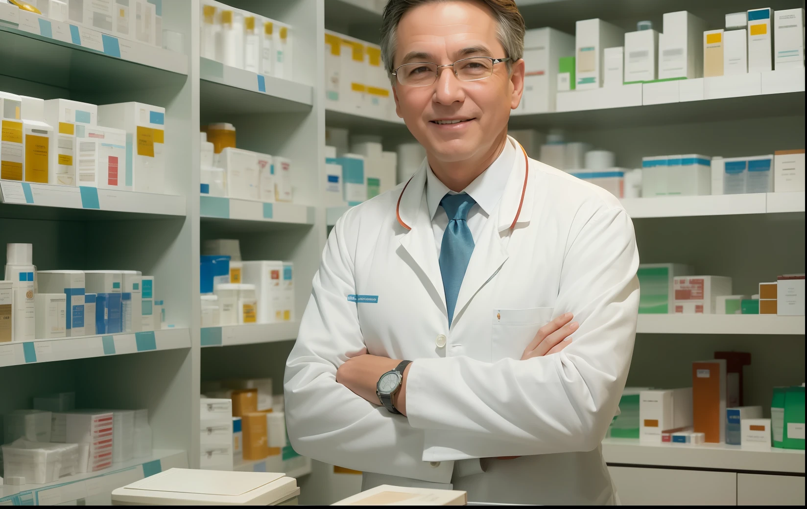 Portrait of a pharmacist, smile, warmth, caring, modern pharmacy decoration, clear focus, high detail, , ambient lighting, studio photography, complex details, high detail, construction Greg Rutkowski and Steve McCurry