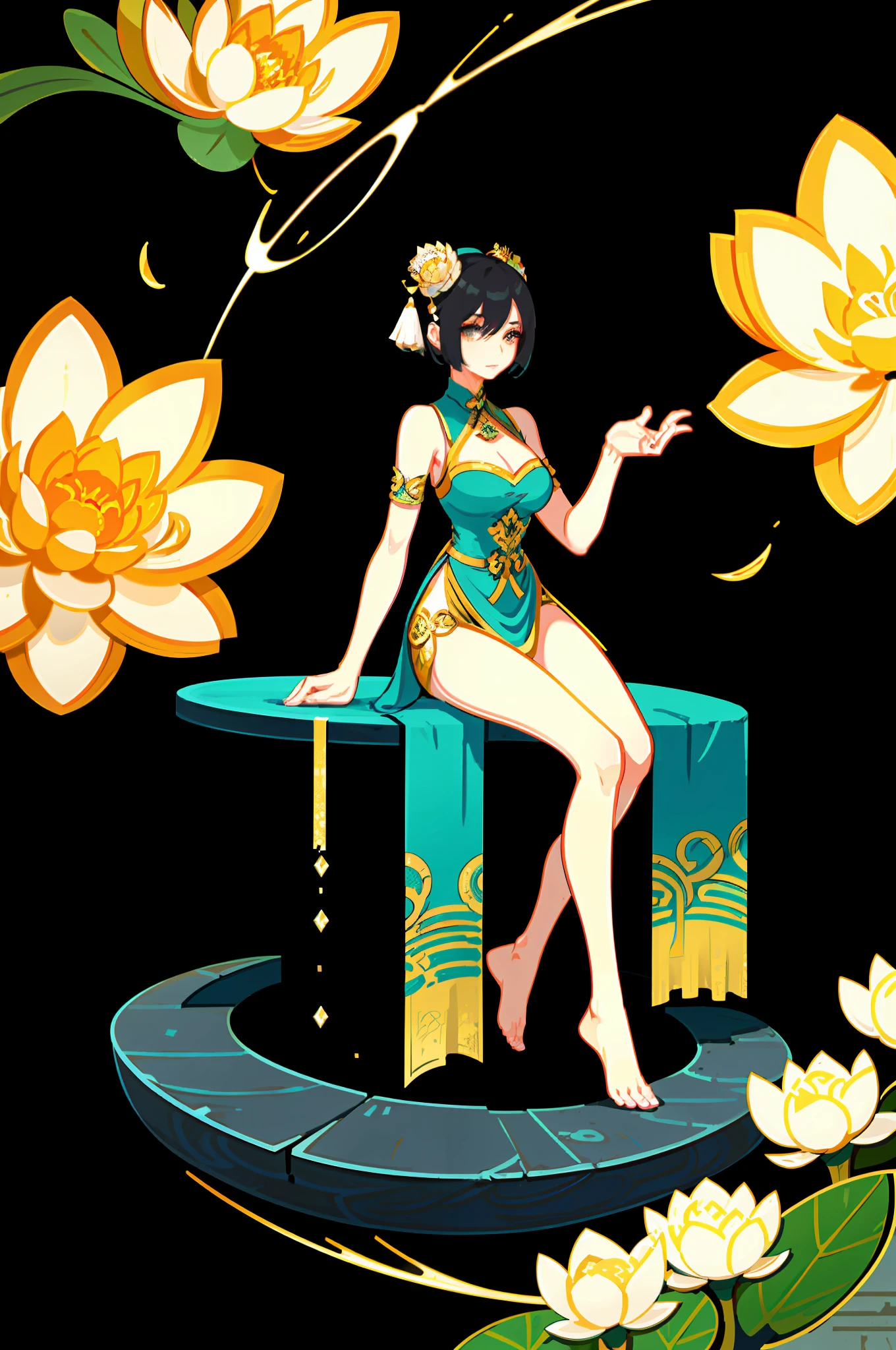 An ancient Chinese beauty sitting on a stone, wearing ancient Chinese clothing, flowing tulle, light silk, lazy posture, large lotus leaf, lotus, ink painting style, clean color, decisive cutting, blank, freehand, masterpiece, super detailed, epic composition, high quality, the highest quality, 4k --v 6