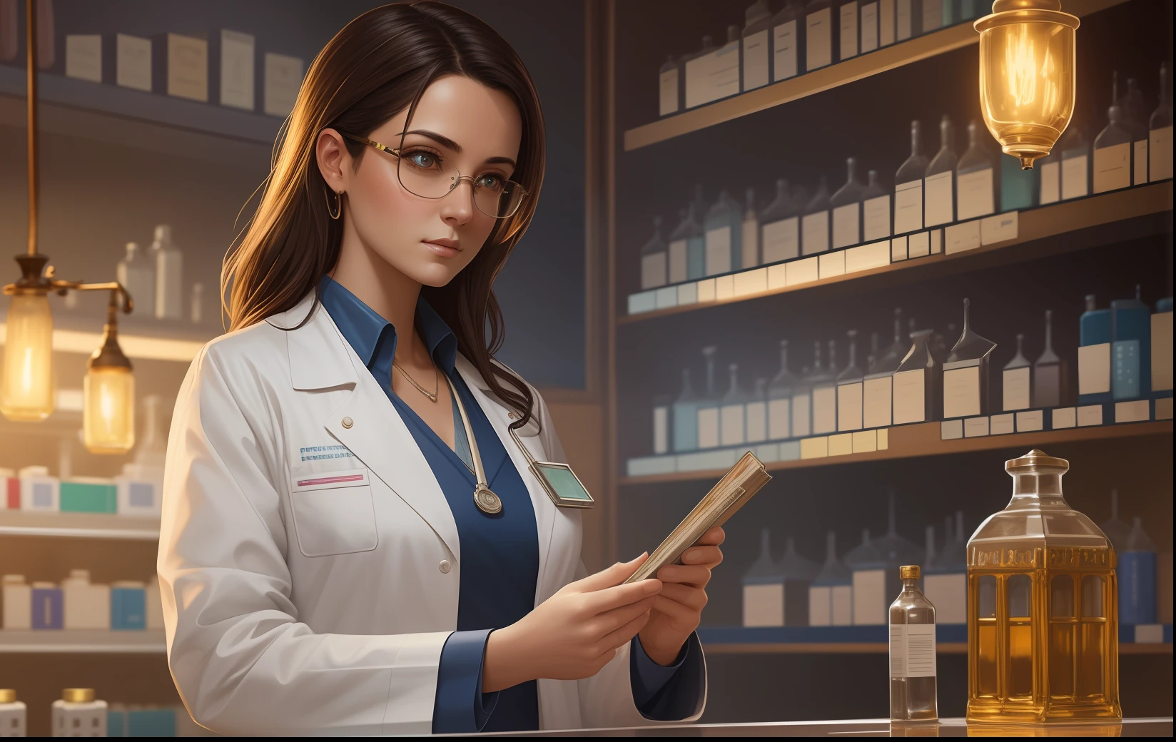 Portrait of a pharmacist, pharmacy decorations, clear focus, intricate, digital painting, artstation, matte, high detail, illustration of concept art, ambient lighting,, trend on artstation, clear focus, studio photography, complex details, high detail, Greg Rutkowski