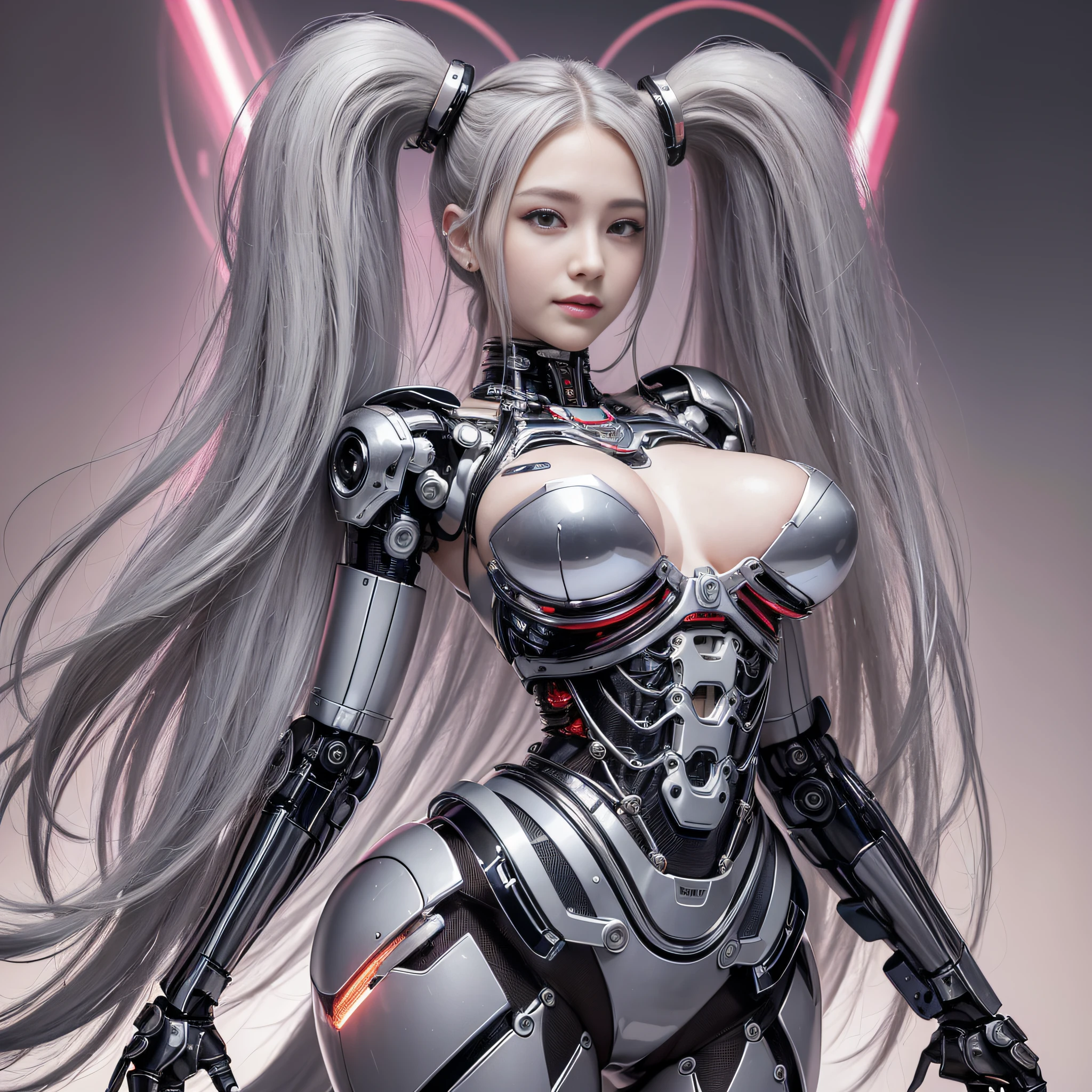 Beautiful Face,face is Japan, 1 Woman, Big, Curvaceous, (16k, RAW photo, top quality, masterpiece: 1.2), (HDR, Realistic, Photorealistic: 1.37) (tube attached to the body), (Bikini Cyborg robot parts)))), (light gray hair), Long hair, Wavy hair, Twin tails, Medium shot, ( Seductive smile)), (black eyes), princess cut,from below,(whole body),posing,,in the lab,( tube connected to blood vessel),((mechanical vertebrae attached to the back)),((mechanical neck attached to the neck)),(wire cable attached to the head and body),(character focus),science fiction,perfect female figure,perfect anatomy,ultraanatomy, Full body shot, up to 4 fingers and 1 thumb relationship,
