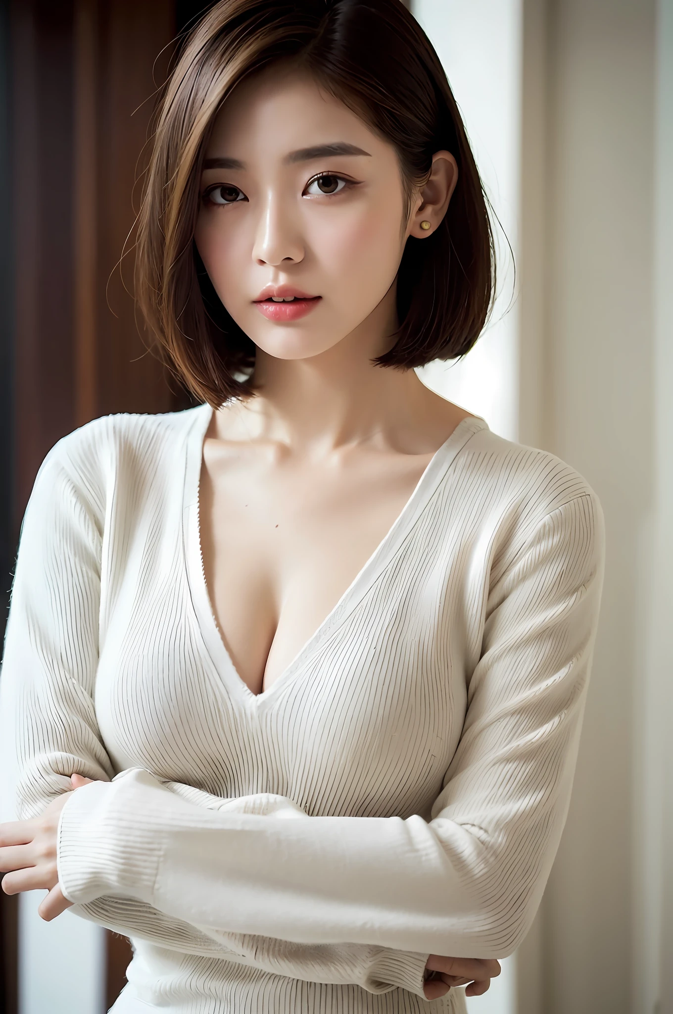 French sleeve V-neck knit, engine color, large breasts that can be seen from the top of clothes, deep V-neck, cleavage