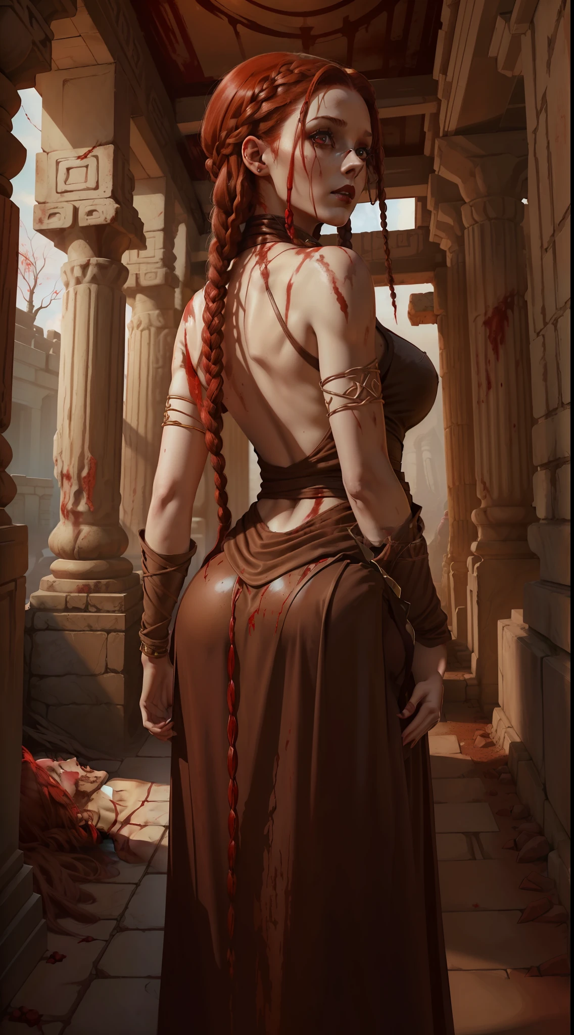 A woman, (((soil)))), (pale skin, red red colored hair with box braids, brown eyes, dark lips), (she is in an ancient temple covered in blood), (evil witch RPG, detailed long beige clothes of a mage, she is covered in blood), (bone thorns come out of her back)