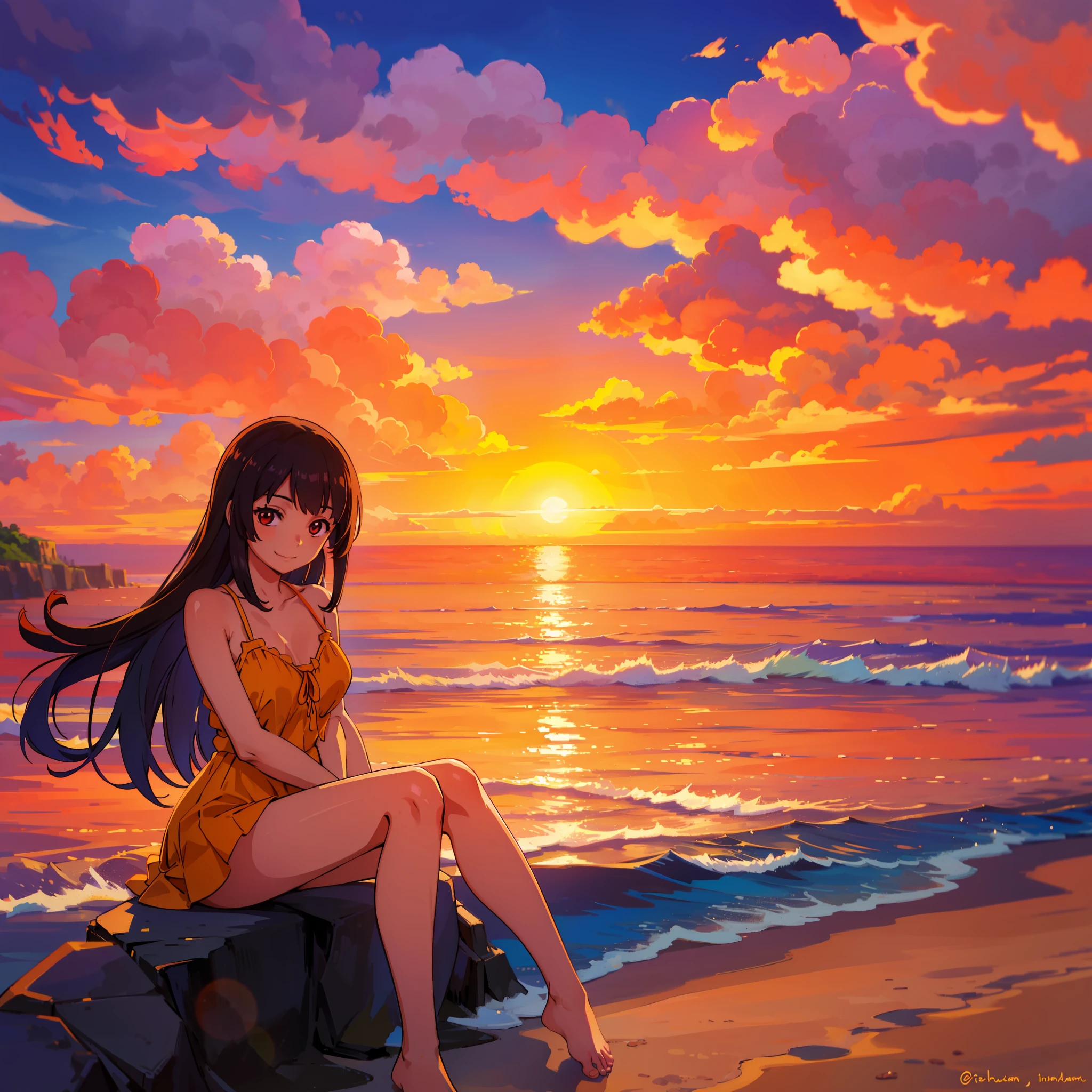 Under the setting sun, the beautiful girl sat barefoot, hands on her chest, cross-legged by the beach, her legs spread, smiling and looking at the sea, the sunset reflecting the sky.