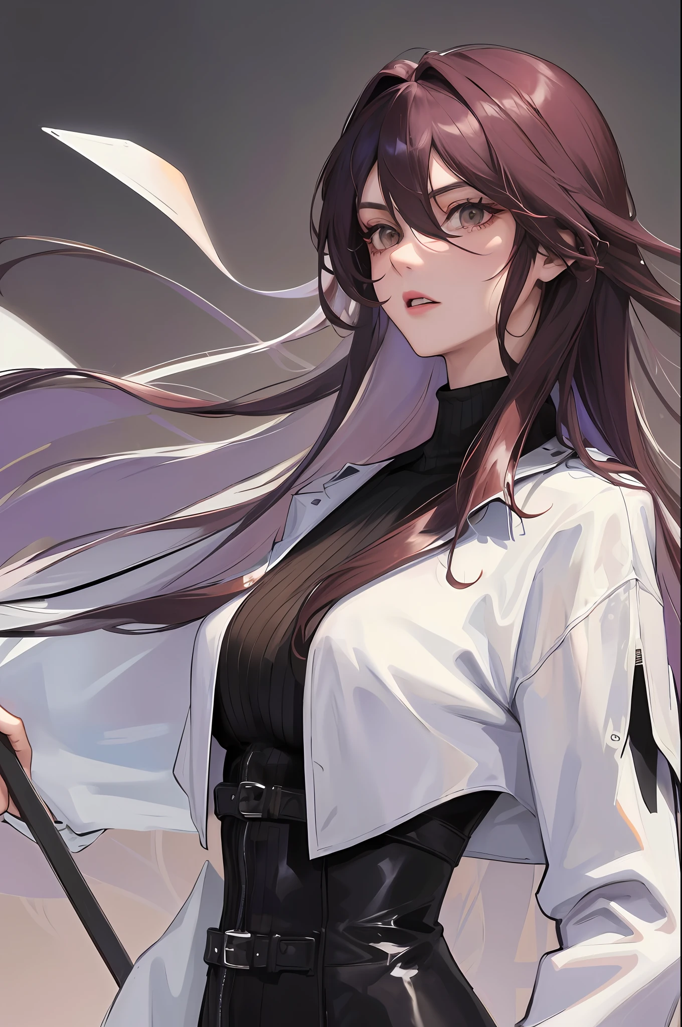 (higher resolution, distinct image) Best quality, masterpiece of a woman, highly detailed, semi-realistic, (most of the body), long purple hair, bangs, 18 years, young, black fit, black and red flight suit, turtleneck shirt, Sharp face, (brown eyes, hair between eyes), fluorescent long coat (broken glass), (smooth white background), cold, serious, authoritative, powerful, (standing painting), (exquisite facial features, exquisite facial features)