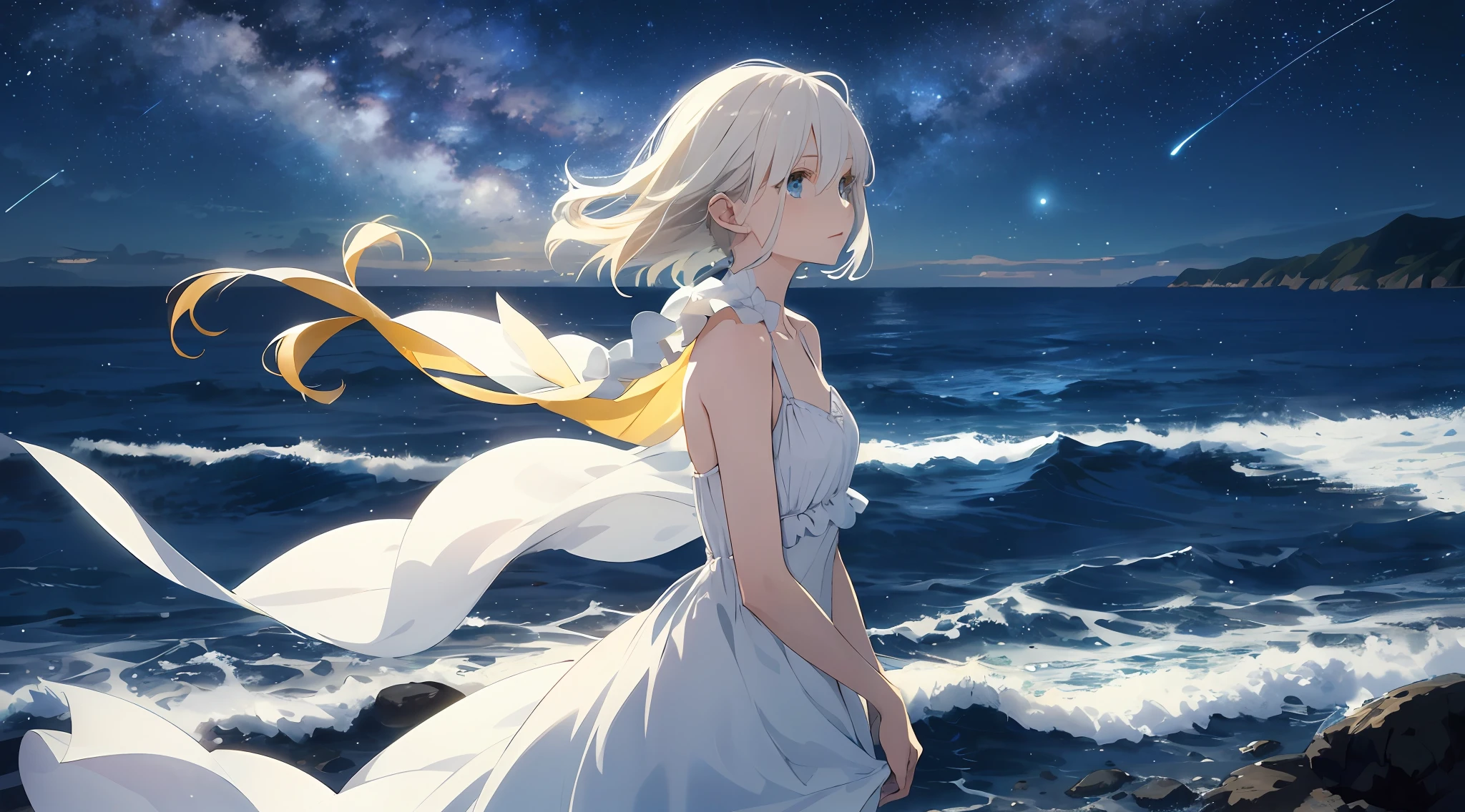 (Best Quality: 1.5), (Super Detail: 1.5), (Best Quality Photo: 1.5), Ocean as far as the eye can see, full of stars, meteor shower, horizon, midnight, midnight, scenic, beautiful landscape, galaxy, nebula, light particles, very delicate and beautiful, very detailed, cinematic light, mysterious, movie angle, 8k resolution, elegant, perfect, smooth, beautiful girl looking up to the heavens, very cute, 17 year old sister, Lustrous platinum blonde, blue eyes, hair fluttering in the wind, yellow one-piece dress,