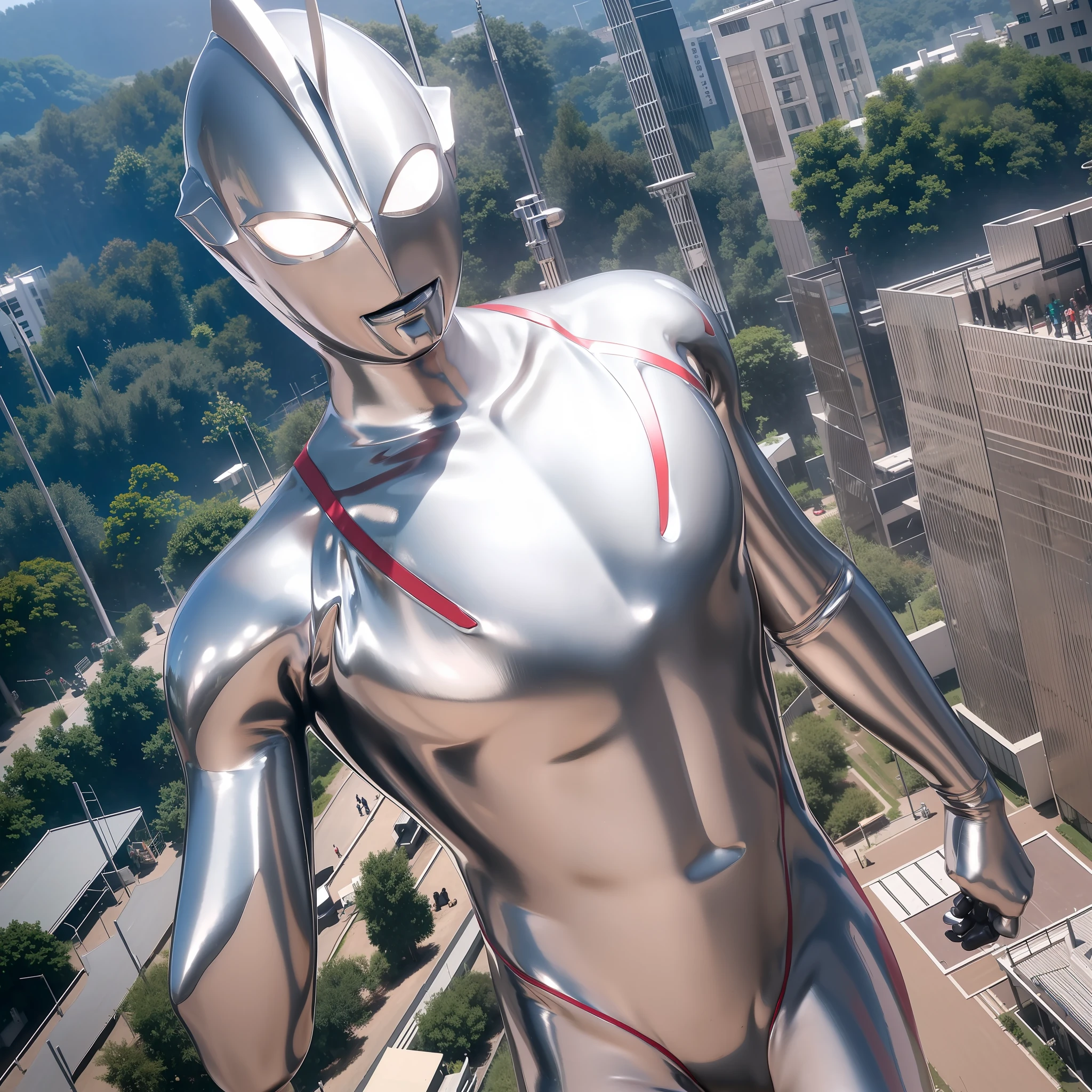 (Masterpiece, Superb Quality, Super Delicate, High Resolution), Male Focus, (((New Ultraman))), ((No Muscles))), (His head is tapered, his body is made of silver, his arms are streamlined, he looks tall and thin, the overall shape is streamlined and modern), (fisting), posing for photos, high angle, dark night, city ruins, background details, (((whole body))), from above, (((sense of greatness)))