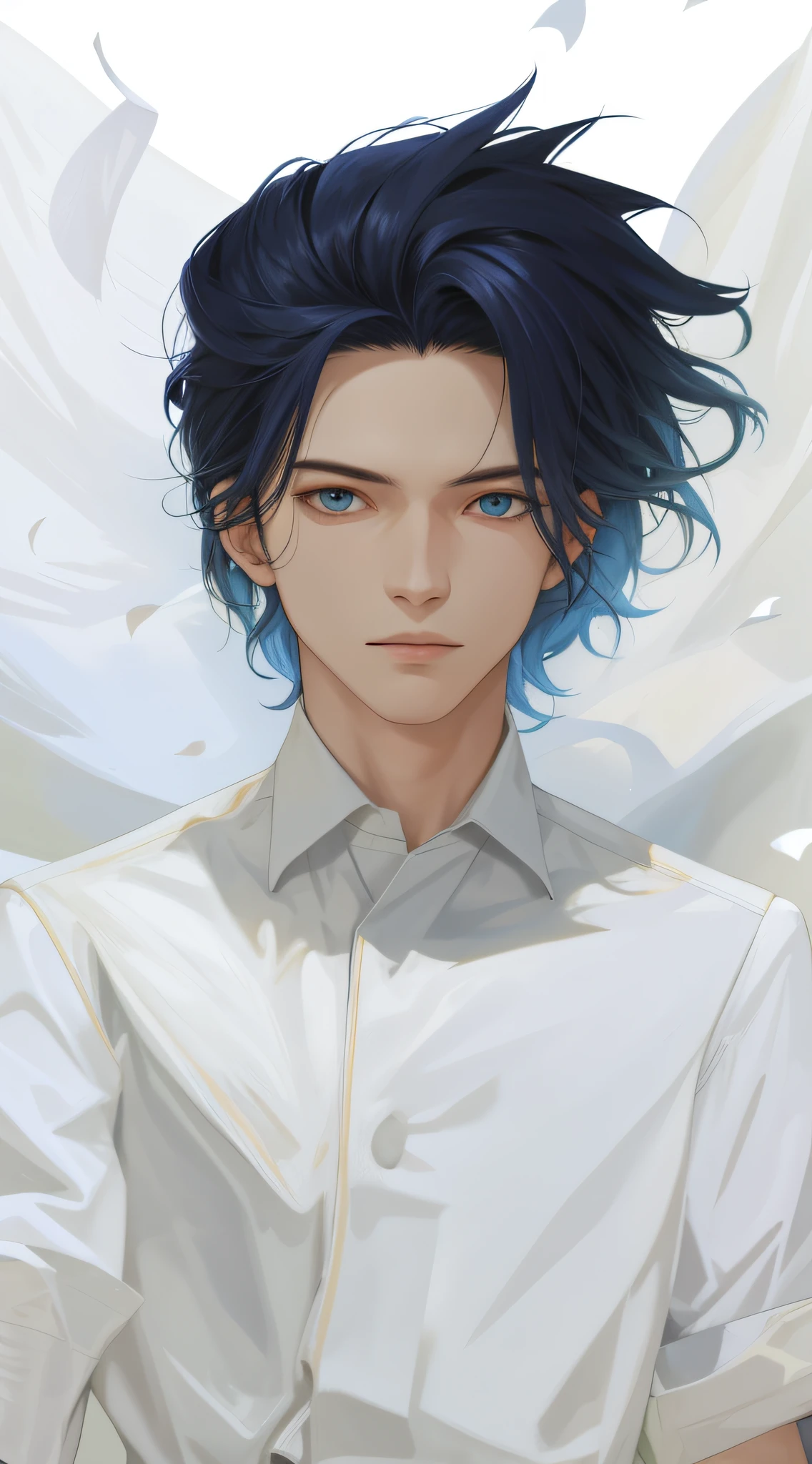 Full body portrait, upright man, blue school uniform, white pants, facing the wind