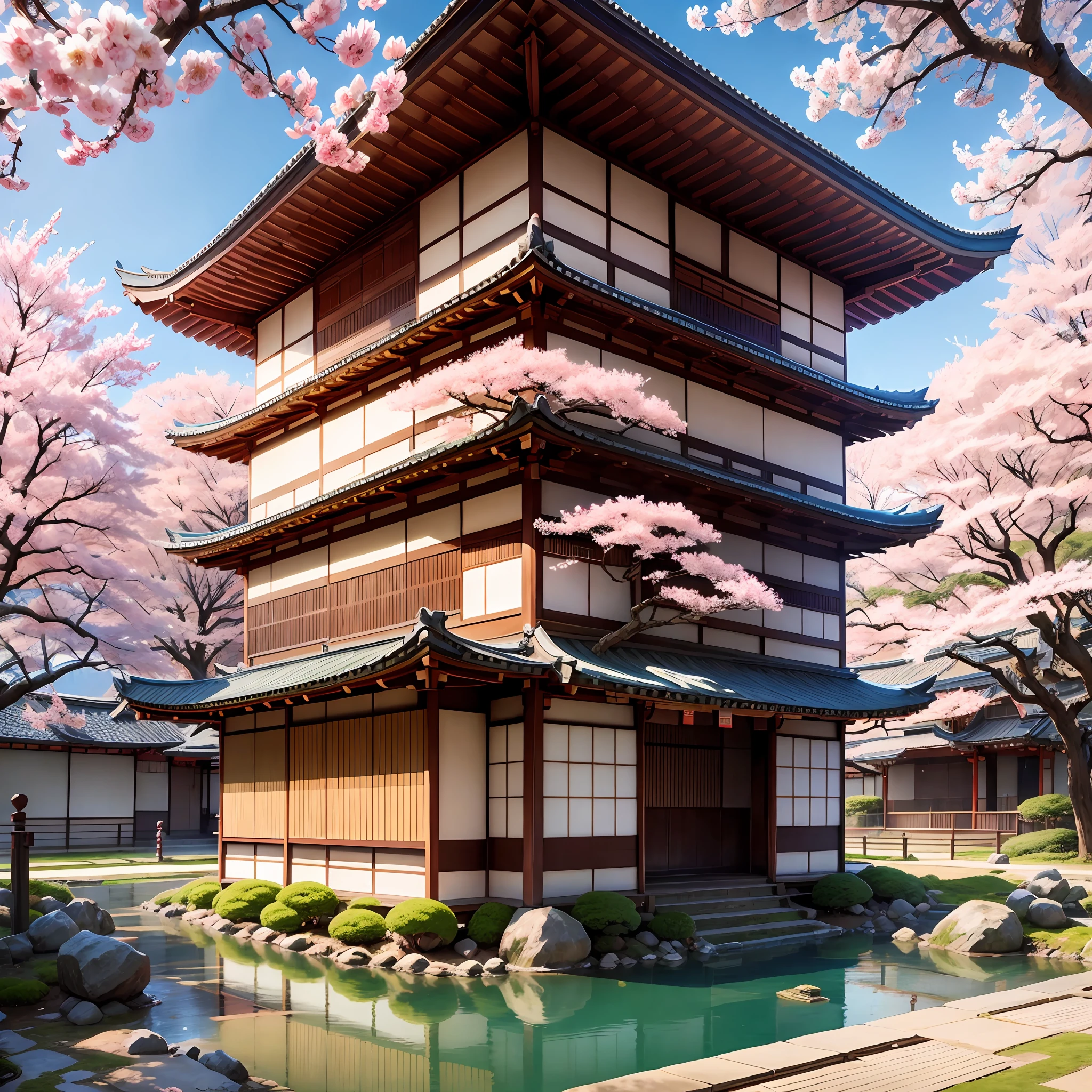 Print, Japanese garden, manga, colorful, sakura, framing, ancient Japan, Shibuya, with temple and with sakura flowers falling on clear and sunny day with Japanese girl in kimono.