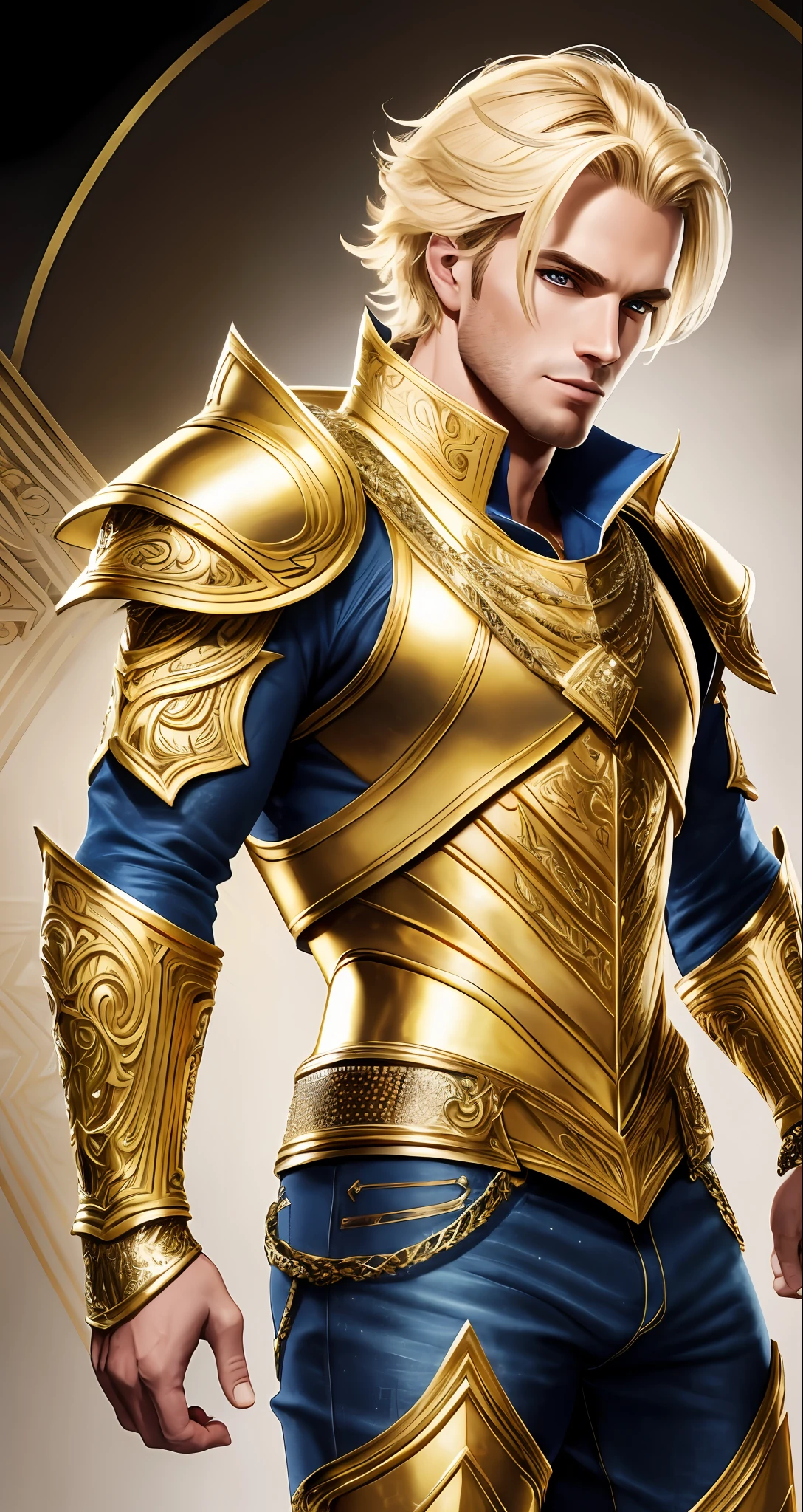 Handsome blond Man dressed in very intricate gold armor and very tight jeans. White background. Photorealistic, hyper-detailed, (high quality:1.5), 8k --auto --s2