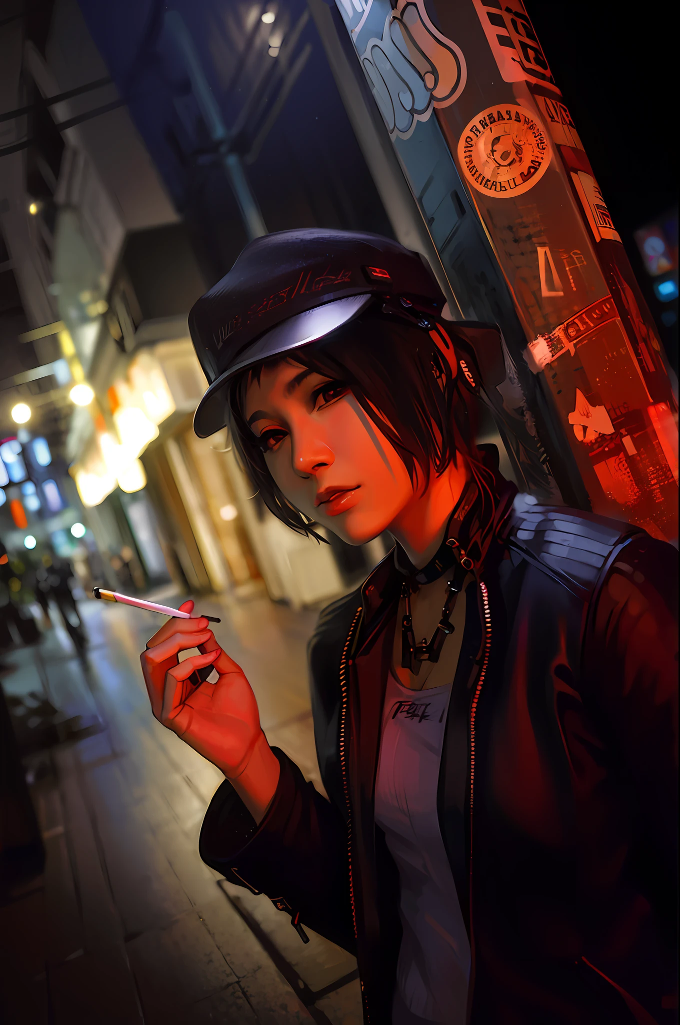 arafed woman smoking a cigarette in a city at night, taken with canon eos 5 d, in cyberpunk style, taken with canon eos 5 d mark iv, taken with a canon eos 5 d, taken with a canon eos 5d, cyberpunk look, neon noire, anime style mixed with fujifilm, cyberpunk vibe, on tokyo cyberpunk night rooftop