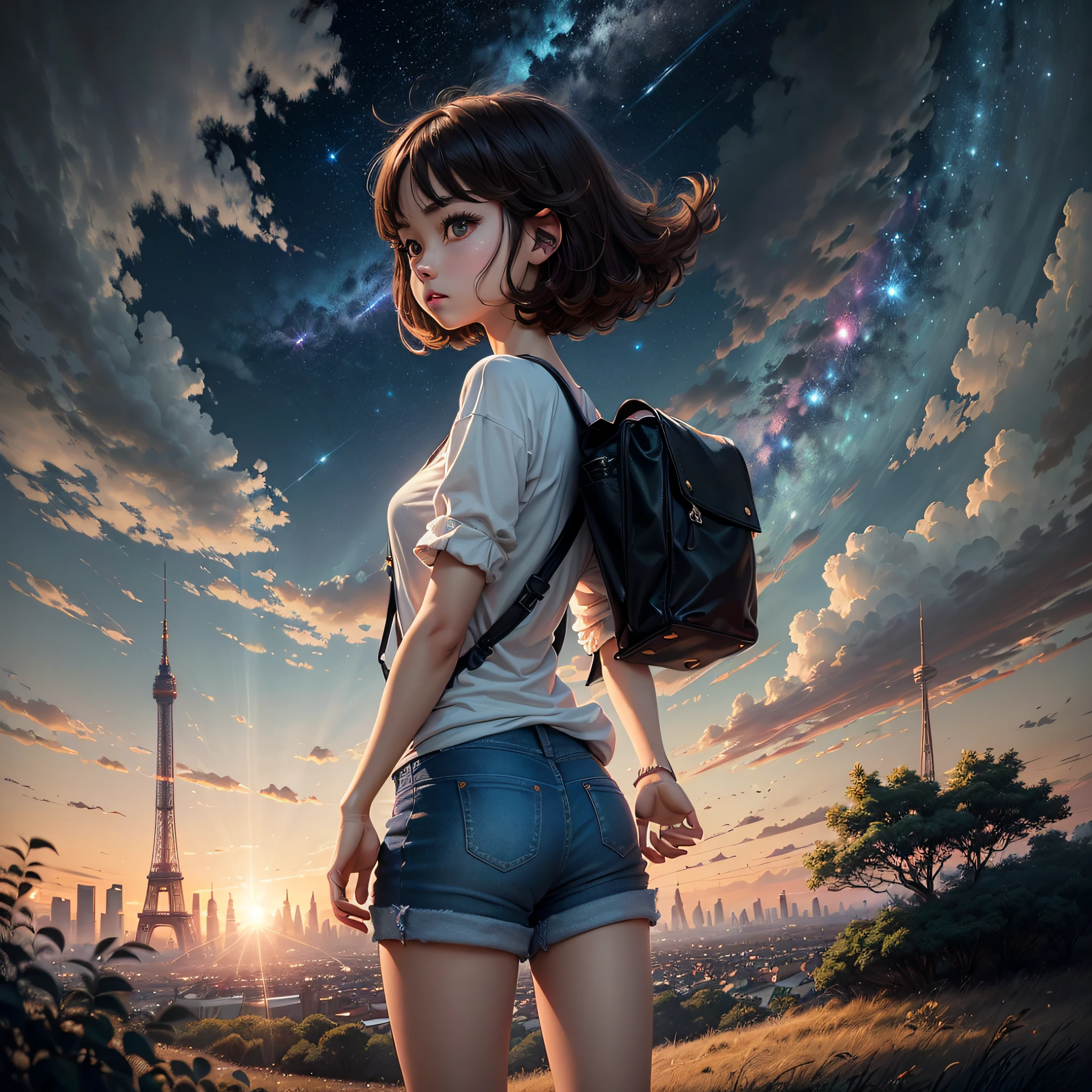(beautiful and magnificent skyline, majestic sky), (extremely tense and dramatic pictures, moving visual effects), (high hanging Polaris, colorful natural light), (1girl), (long-sleeved top, denim shorts, carrying a backpack), (dynamic pose:1.3, black eyes, black hime-cut hair, sparkling girl)[:0.8], (large grassland), (oncoming breeze), (brown hair and background Coordination effect: 1.2), (close shot, long shot mix and match)[::0.9]