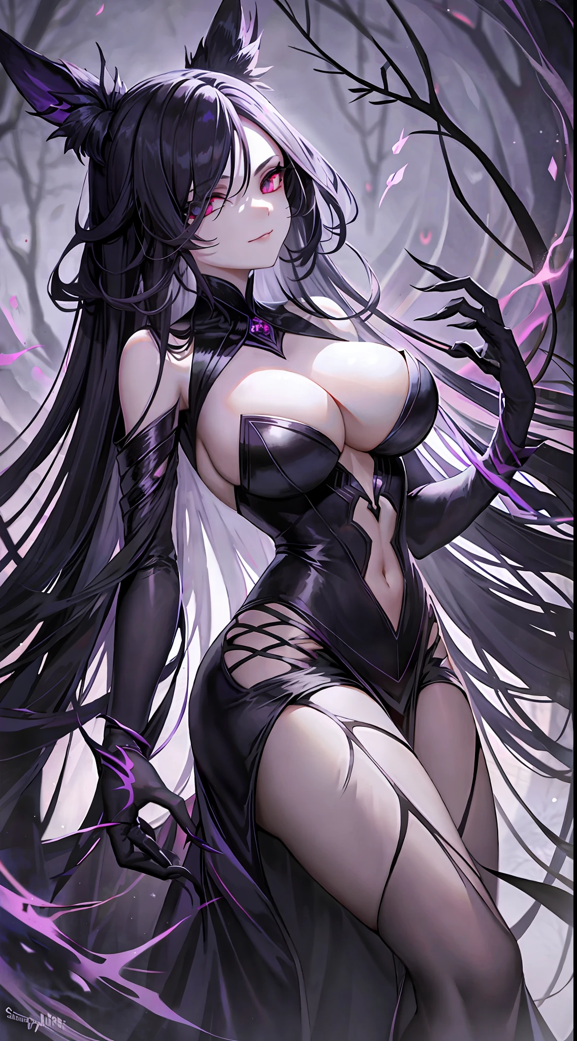 Visualize a seductive, yet sinister figure standing at the height of allure and power. Her eyes, piercing and hypnotic, shimmer with an eerie glow, reflecting the darkness within her soul. Long, flowing locks of midnight black cascade down her back, framing a face that combines ethereal beauty with a hint of cruelty.
Her attire is a blend of elegance and wickedness. She wears a form-fitting black dress that clings to her every curve, accentuating her dangerous allure. Intricate patterns of arcane symbols adorn the fabric, pulsating with an otherworldly energy. Her limbs are long and graceful, possessing an uncanny flexibility that hints at her supernatural abilities.
This anime-inspired vixen possesses a mischievous smile, luring unsuspecting souls into her web of deceit and manipulation. Her delicate hands, adorned with sinister talon-like nails, are capable of unleashing devastating spells and weaving intricate spells of chaos.
In the background, a dark and foreboding setting unfolds. A moonlit landscape shrouded in shadow serves as her domain. Twisted trees, their branches gnarled and reaching like skeletal fingers, create an eerie atmosphere. The air is heavy with an ominous fog, concealing lurking malevolence.