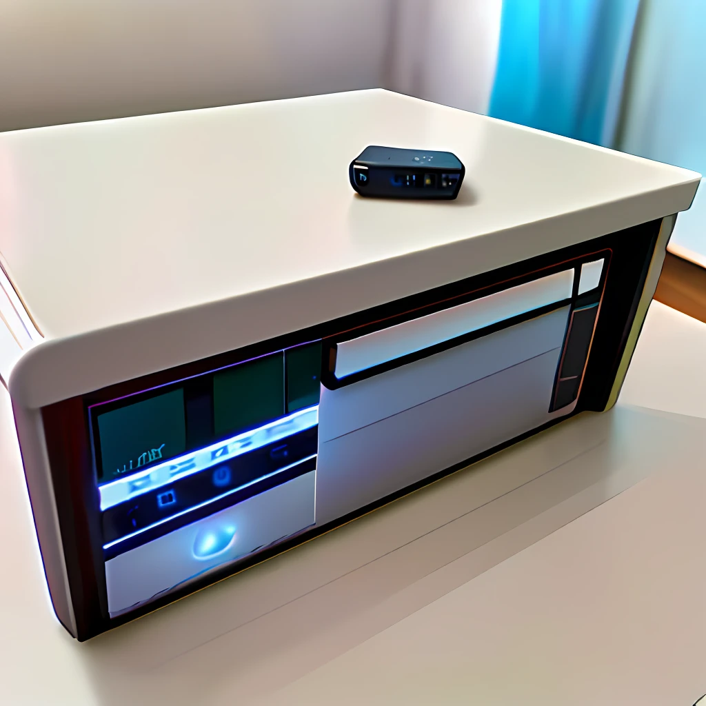 A mini voice recorder on the table, give this voice recorder a close-up, the desktop has a little bit of the usual table decoration, the overall bright style.