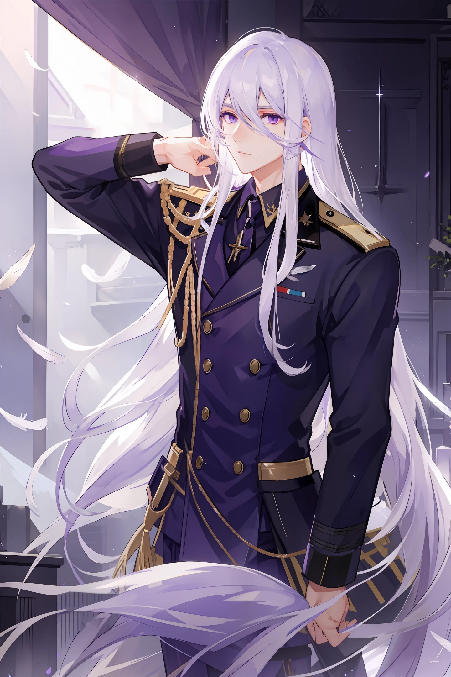 White hair, military uniform, long hair, feather, purple eyes