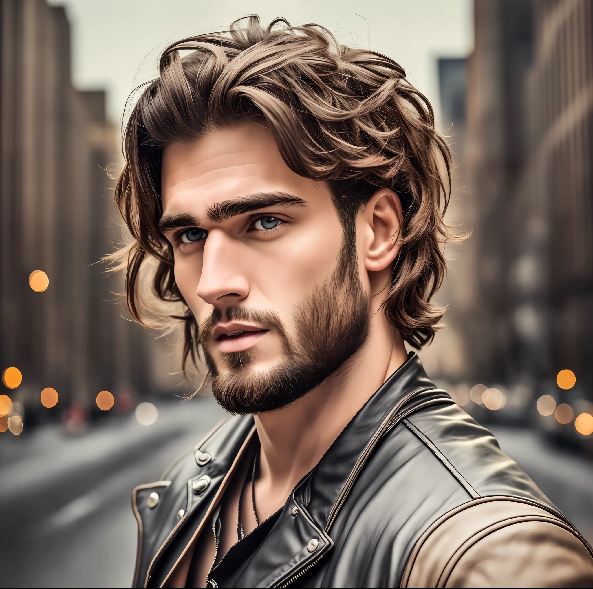 30 year old brutal man in leather jacket clothes,scars, long haircut, heretochromia, pale skin, athletic body, new york background (highly detailed skin: 1.2), 8k uhd, dslr, soft lighting, high quality, film grain, Fujifilm XT3 male, very attractive man with beard, beautiful male face, perfect beautiful face, handsome man, beautiful detailed face, attractive man, good looking face, male face, beautiful awesome realistic, high quality portrait, beautiful attractive face, beautiful and beautiful face, beautiful and attractive --auto --s2