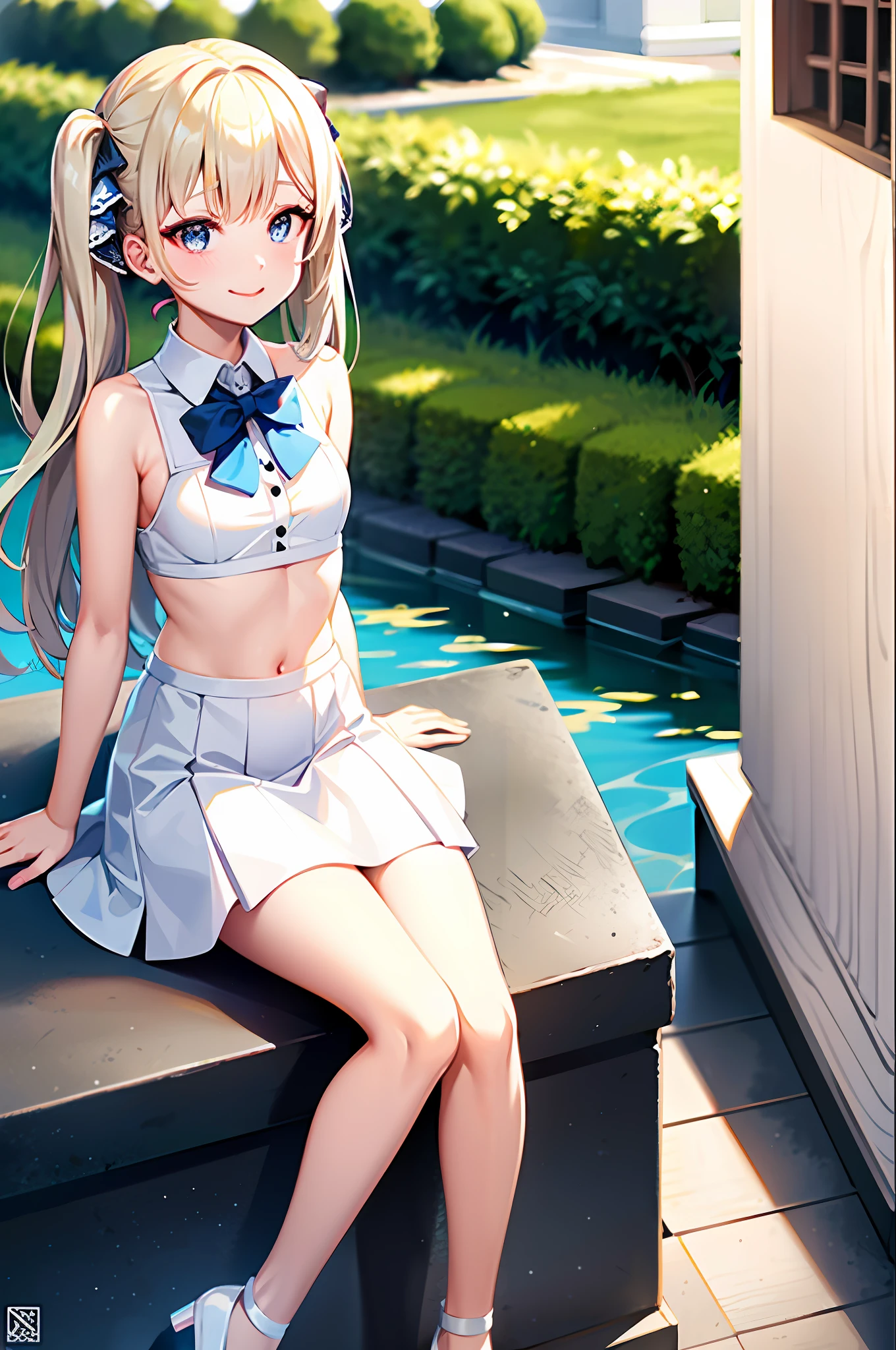 little cute anime girl in a short sleeveless dress with bow and bow tie with petite chest and flat stomach posing in a cute-elegant way in a park in front of a small lake, young cute, gently smiling, (kpop idol), (aegyo sal:1), (white dress:1), (platinum blonde hair:1), ((blue eyes)), Art by Makoto Shinkai, anime moe artstyle, digital art on pixiv, azur lane style, trending on artstation pixiv, full body in the middle of the picture