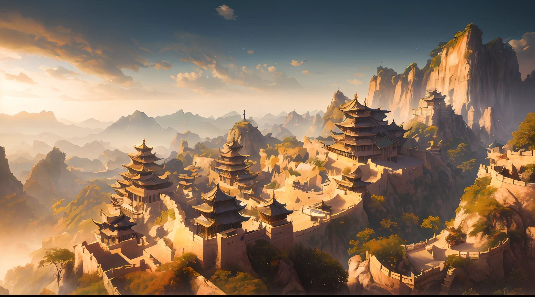 Masterpiece, best quality, high quality, extremely detailed CG unity 8k wallpaper, landscape, outdoor, sky, clouds, sky, no humans, cliff, nature, ancient Chinese city, lonely city, yellow sand sky, hazy moon, award winning photography, background bokeh, depth of field, HDR, bloom, chromatic aberration, photorealistic, highly detailed, trending on artstation, trending on CGsociety, intricate, high detail, dramatic, midjourney art