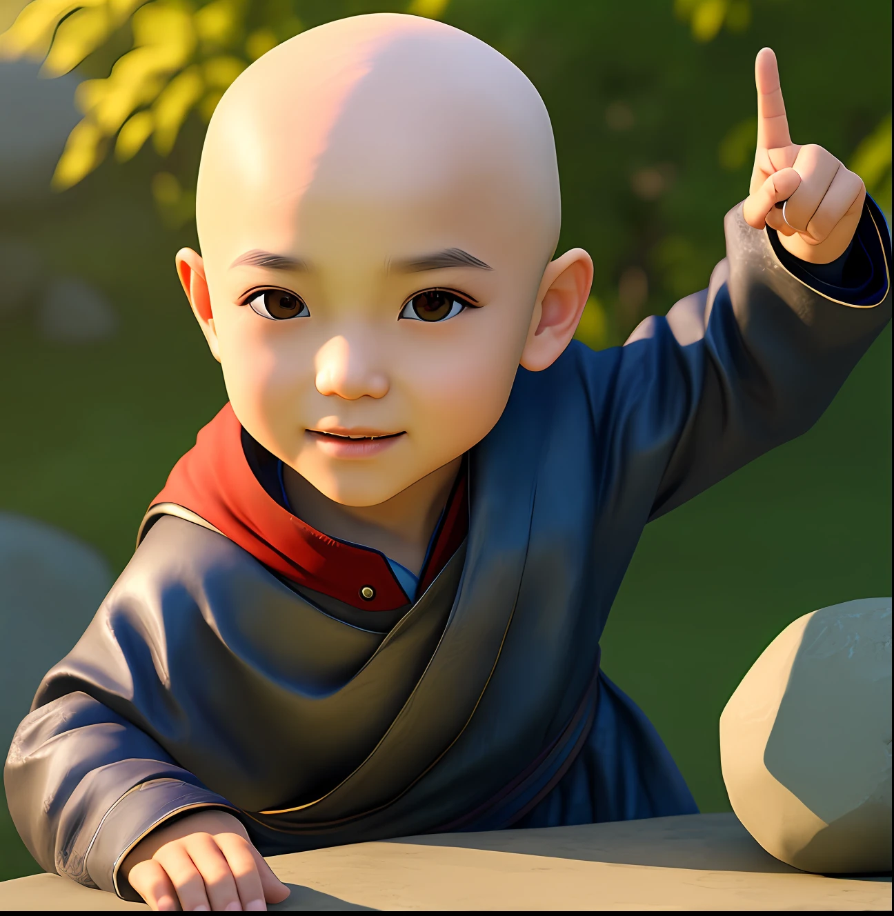 Asian child, looking 7 to , bald, with eyes open, holding a large stone, showing two fingers,, wearing cape, (extremely detailed CG), ((Realistic shadows:1.2)), ((Realistic lighting: 1.1)), [Highest quality], (8K:1.1), ultra-detailed, ((perfect shadows))