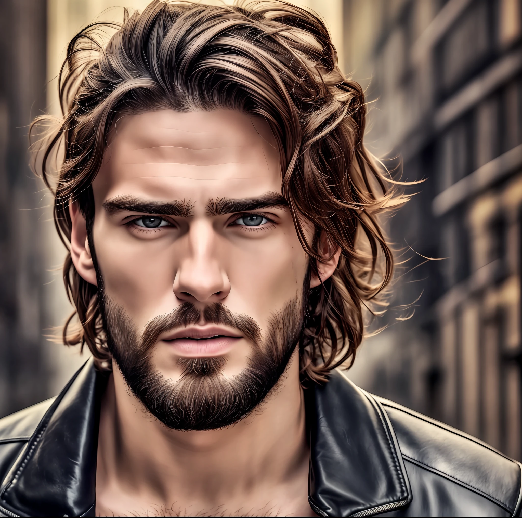 30 year old brutal man in leather jacket clothes,scars, long haircut, heretochromia, pale skin, athletic body, new york background (highly detailed skin: 1.2), 8k uhd, dslr, soft lighting, high quality, film grain, Fujifilm XT3 male, very attractive man with beard, beautiful male face, perfect beautiful face, handsome man, beautiful detailed face,  attractive man, good looking face, male face, beautiful awesome realistic, high quality portrait, beautiful attractive face, beautiful and beautiful face, beautiful and attractive --auto --s2