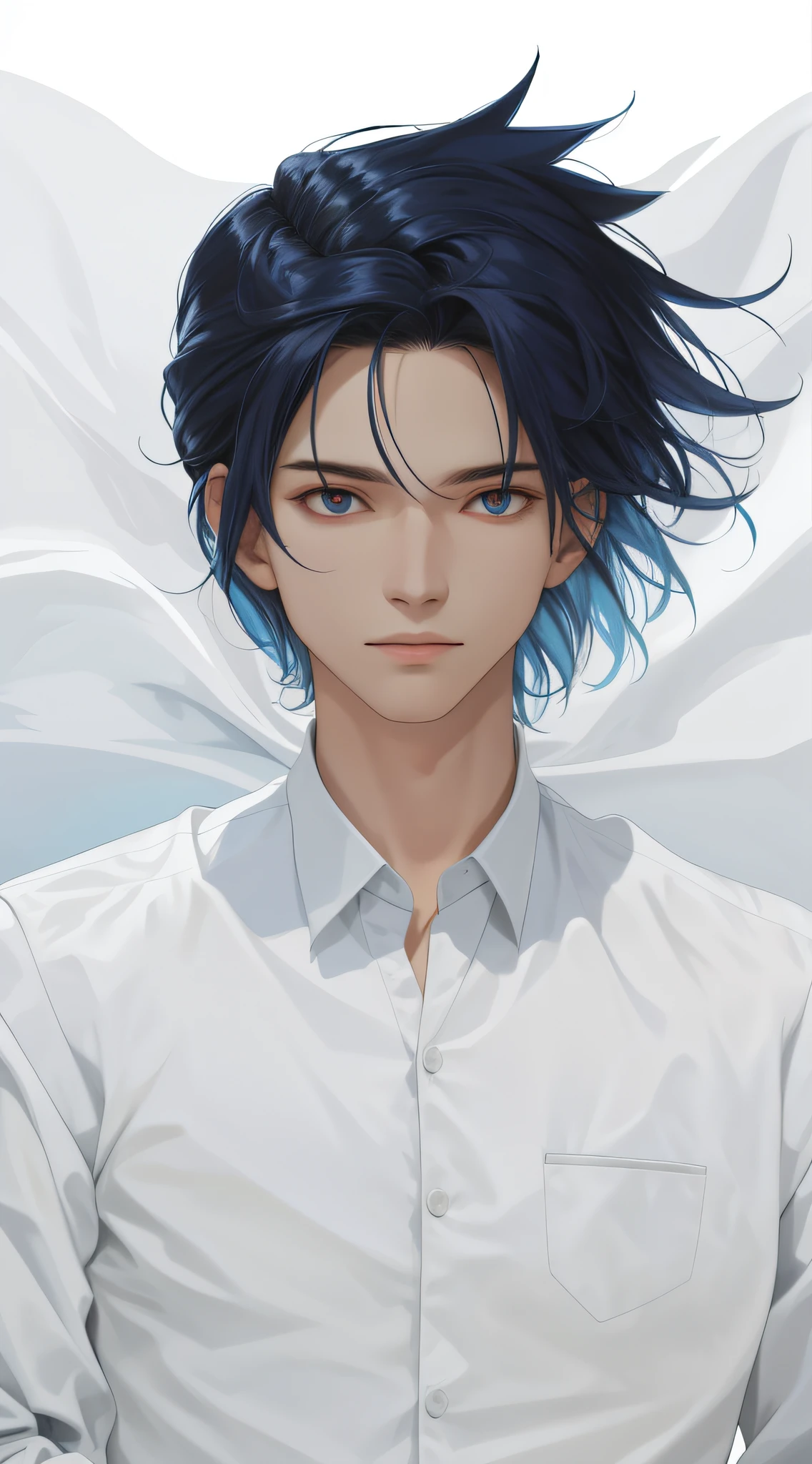 Full body portrait, upright man, blue school uniform, white pants, facing the wind