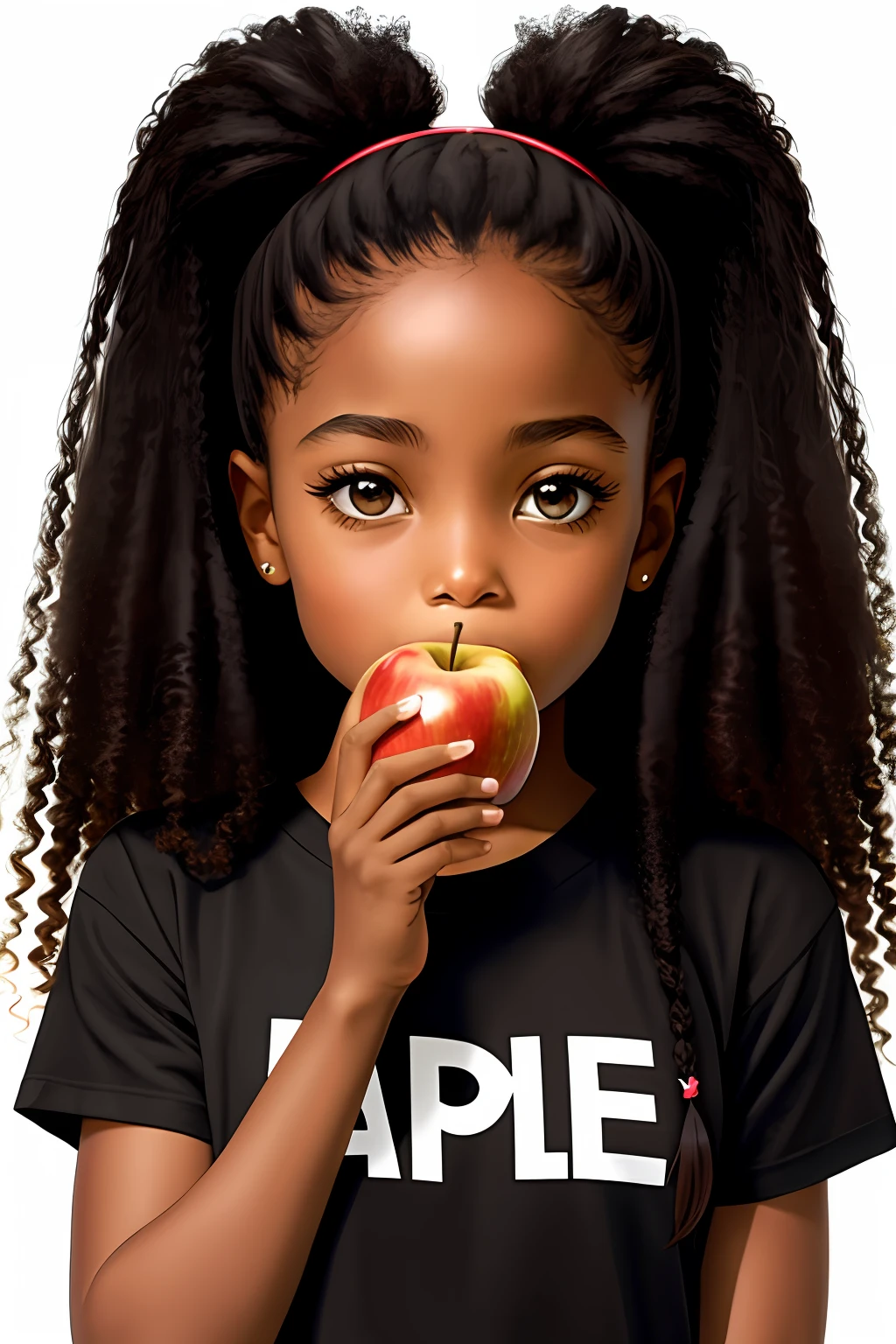 Long-haired black girl with brown eyes on Apple magazine cover eating a black T-shirt apple with the apple emblazoned on it
