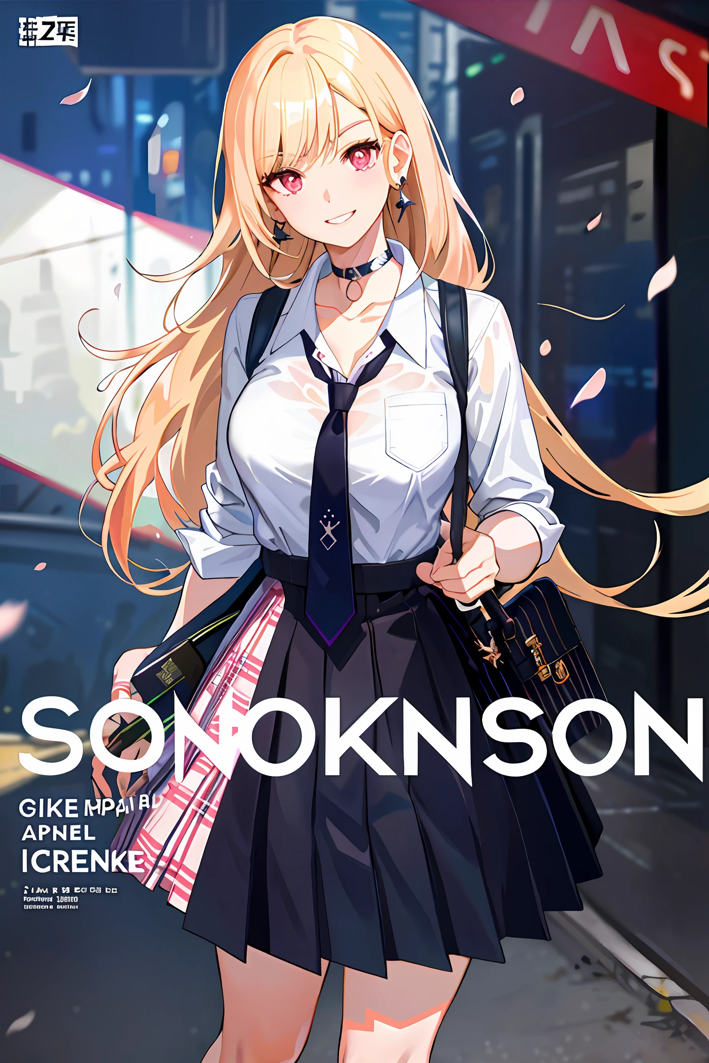 masterpiece, best quality, full body, 1girl, bangs, black choker, black necktie, blonde hair, blue skirt, blush, bracelet, breasts, choker, clothes around waist, collarbone, collared shirt, cowboy shot, dress shirt, ear piercing, eyebrows visible through hair, gradient hair, grin, gyaru, jewelry, kogal, long hair, looking at viewer, loose necktie, necktie, piercing, plaid, plaid skirt, pleated skirt, red eyes, ring, school uniform, shirt, skirt, smile, solo, white shirt, street, sky, cherry blossoms, petals,illustration, (magazine:1.3), (cover-style:1.3), fashionable, woman, vibrant, outfit, posing, front, colorful, dynamic, background, elements, confident, expression, holding, statement, accessory, majestic, coiled, around, touch, scene, text, cover, bold, attention-grabbing, title, stylish, font, catchy, headline, larger, striking, modern, trendy, focus, fashion,