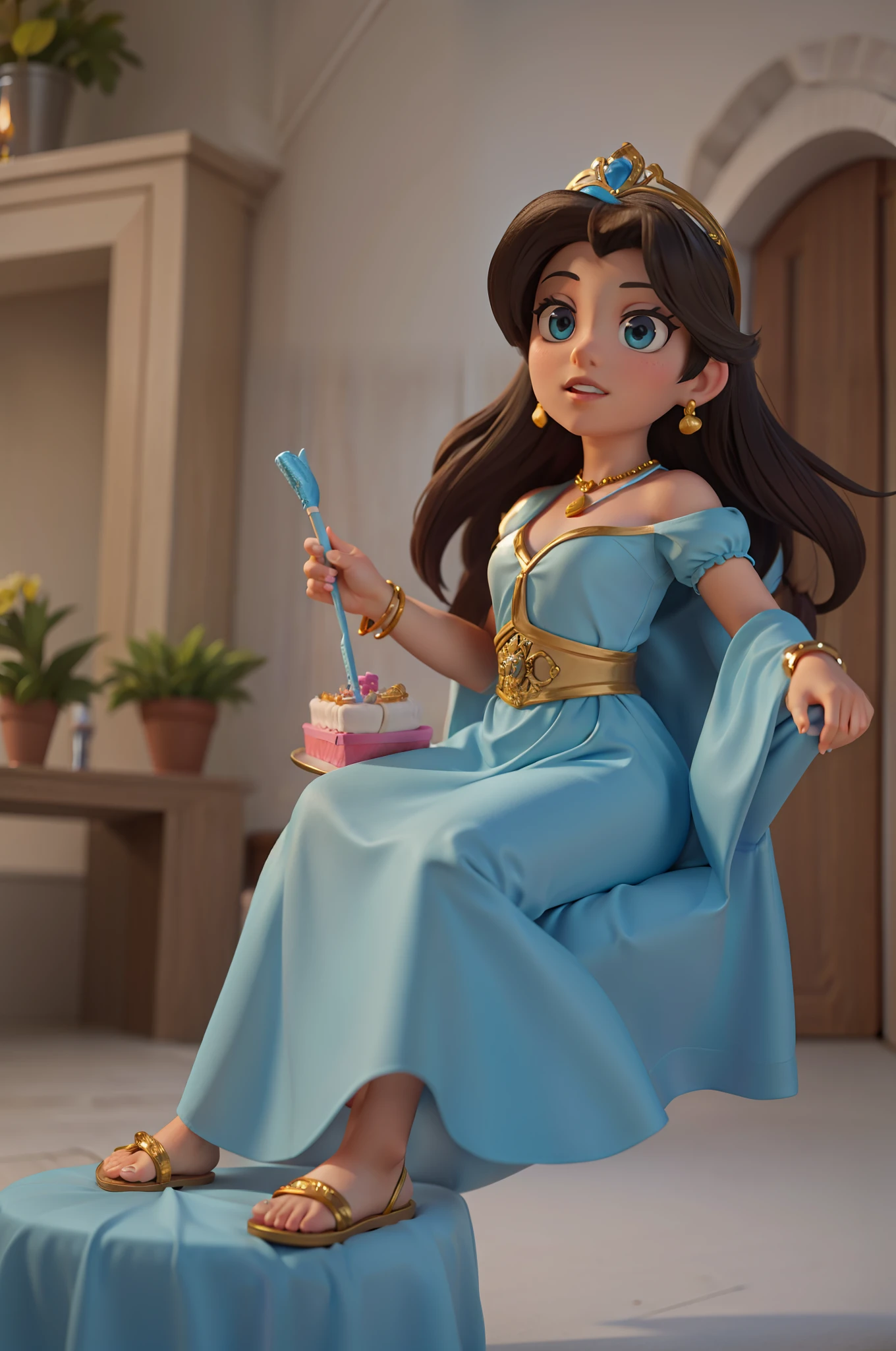 Princess Jasmine of Fisney sitting at a birthday party