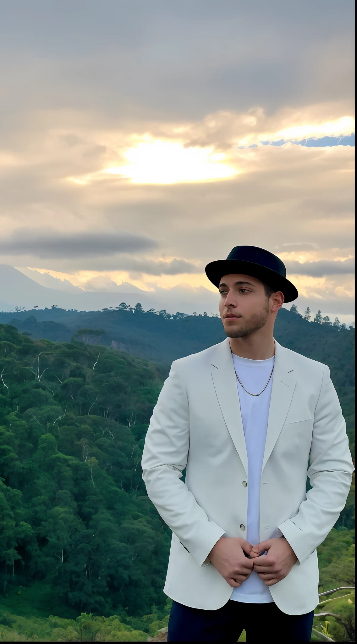 arafed man in a white suit and hat standing in front of a mountain, in front of a forest background, hills in the background, taken in the early 2020s, asher duran, a suited man in a hat, trees in the background, pete davidson walking a kangaroo, ruins in the background, zachary corzine