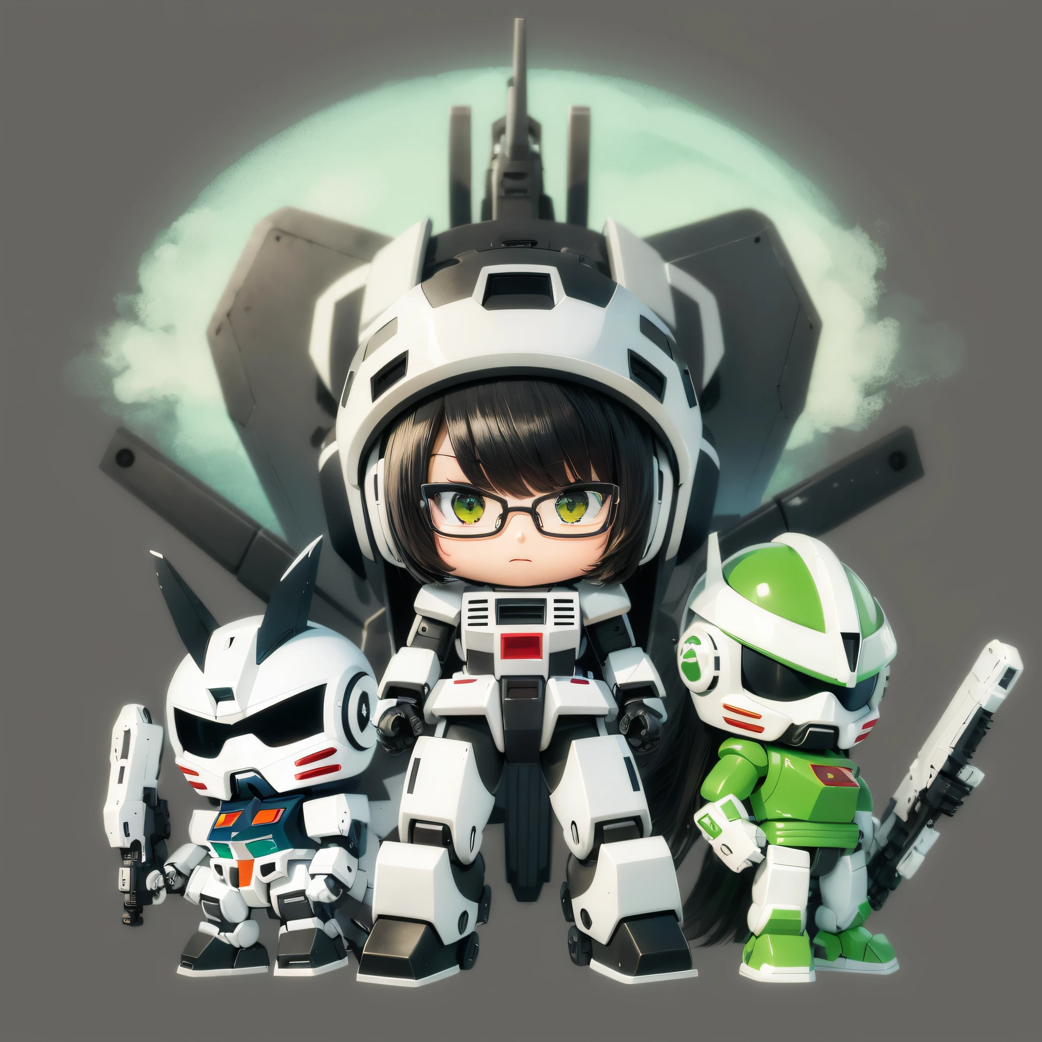 cartoon girl with glasses and green shirt, cartoon cute, cute character, chibi girl, simple cartoon style, lofi girl, 2d illustration, 2d illustration, black background, my character portrait, loepy portrait, cute cartoon character, character standing, cute cartoon, hand-drawn animation, [digital art]!, chibi style cartoon closeup, mecha, robot cartoon with gun and helmet, cool mech style, gundam robot, white mech, mobile suit, fera white mech, gundam style, Huge mech robot, mecha anime, super robot war, Konami mech, Gundam armor, mecha set, mecha style Greek god, Gundam is windmill shape --auto --s2