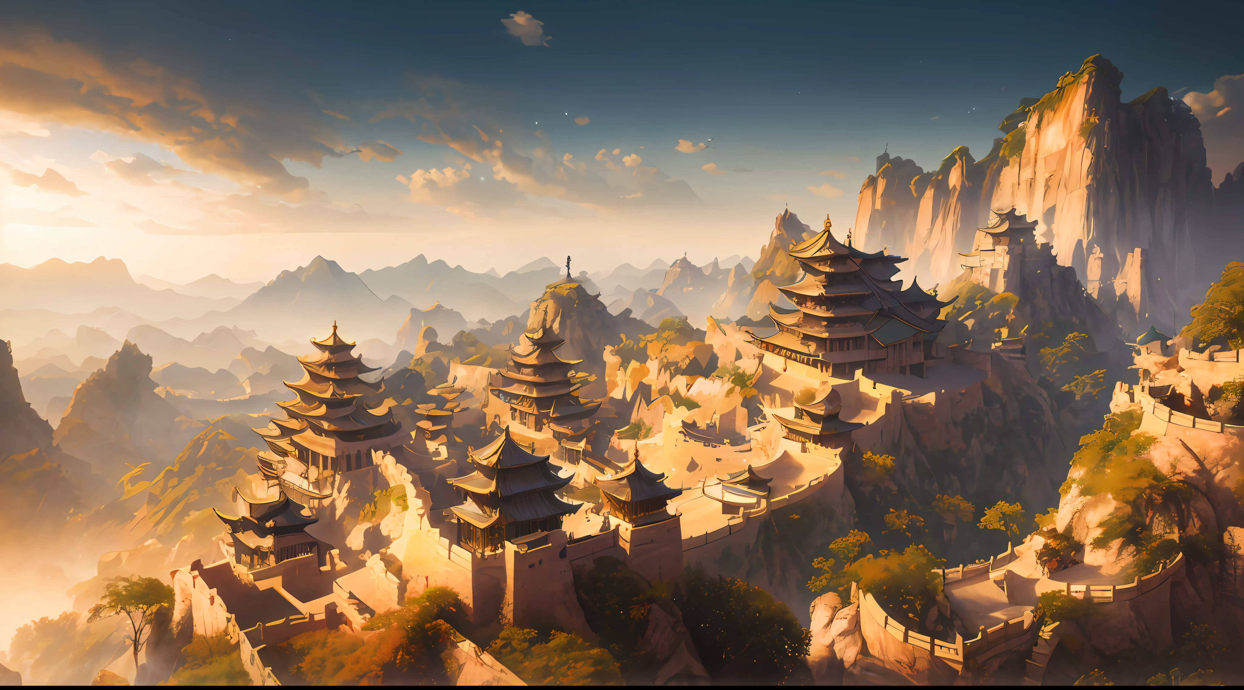 Masterpiece, best quality, high quality, extremely detailed CG unity 8k wallpaper, landscape, outdoor, sky, clouds, sky, no humans, cliff, nature, ancient Chinese city, lonely city, yellow sand sky, hazy moon, award winning photography, background bokeh, depth of field, HDR, bloom, chromatic aberration, photorealistic, highly detailed, trending on artstation, trending on CGsociety, intricate, high detail, dramatic, midjourney art